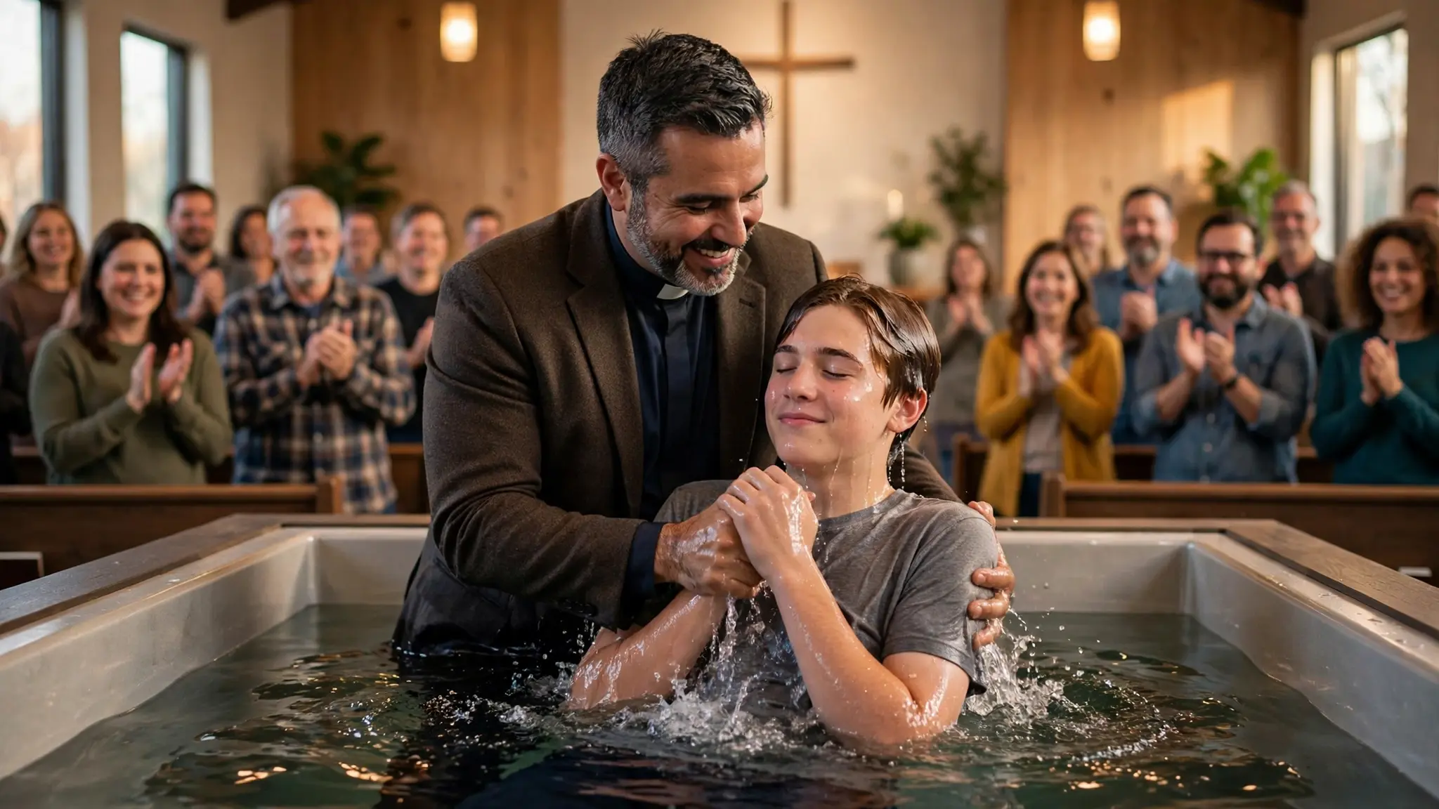 Pastor baptizing a teenager in a baptismal tub at the front of a church as the congregation applauds