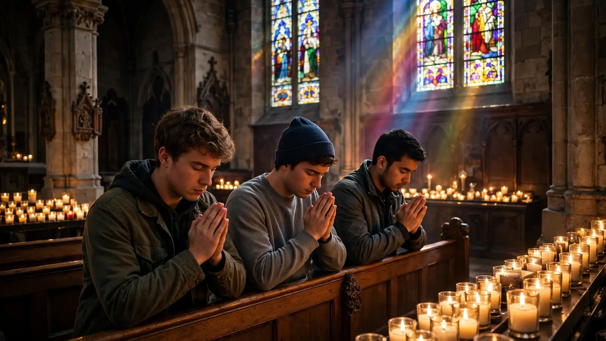 Young men praying by candlelight inside a beautiful old Catholic church with stained glass light