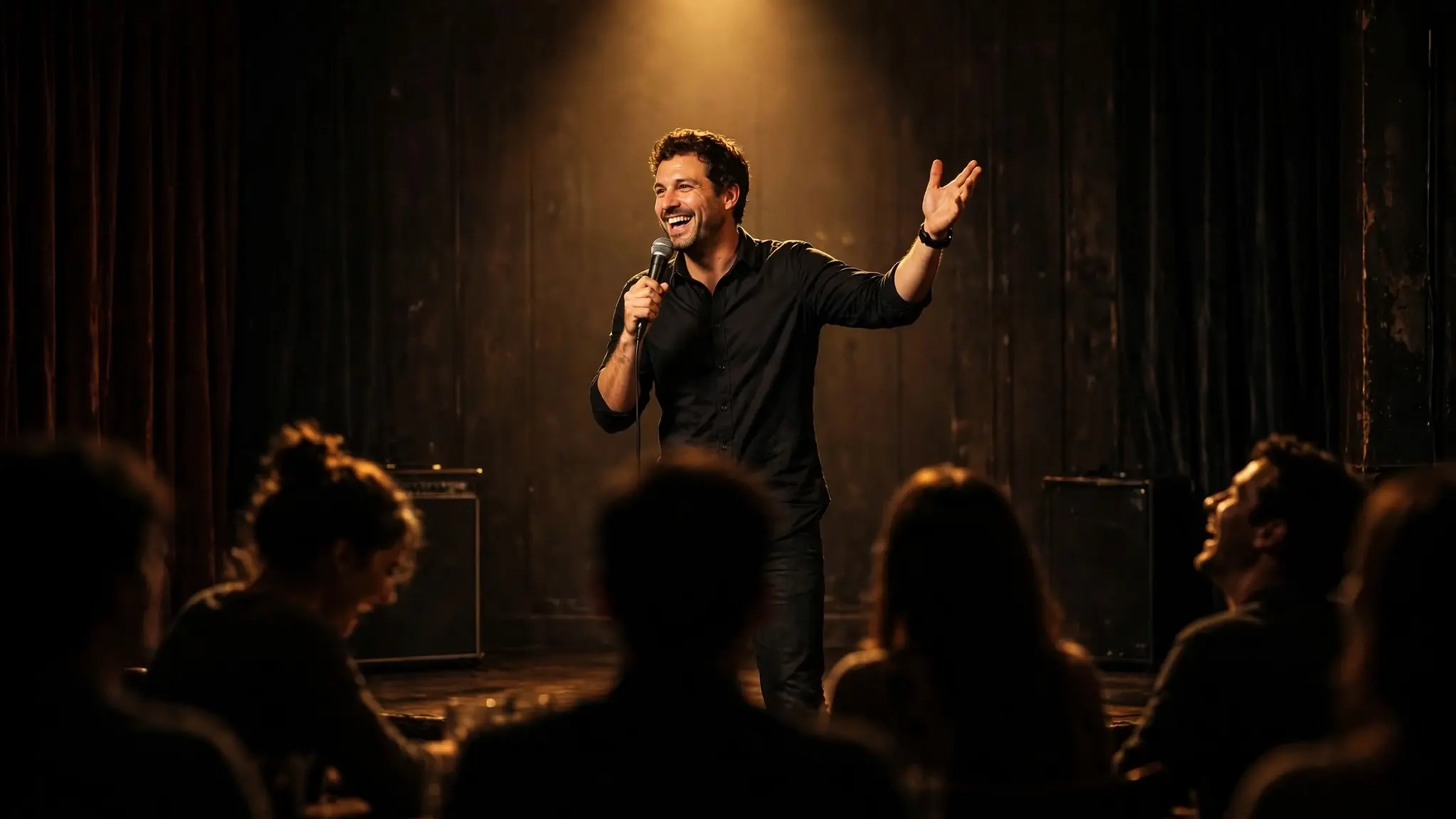 Stand-up comedian on a small comedy club stage in a spotlight with a laughing audience