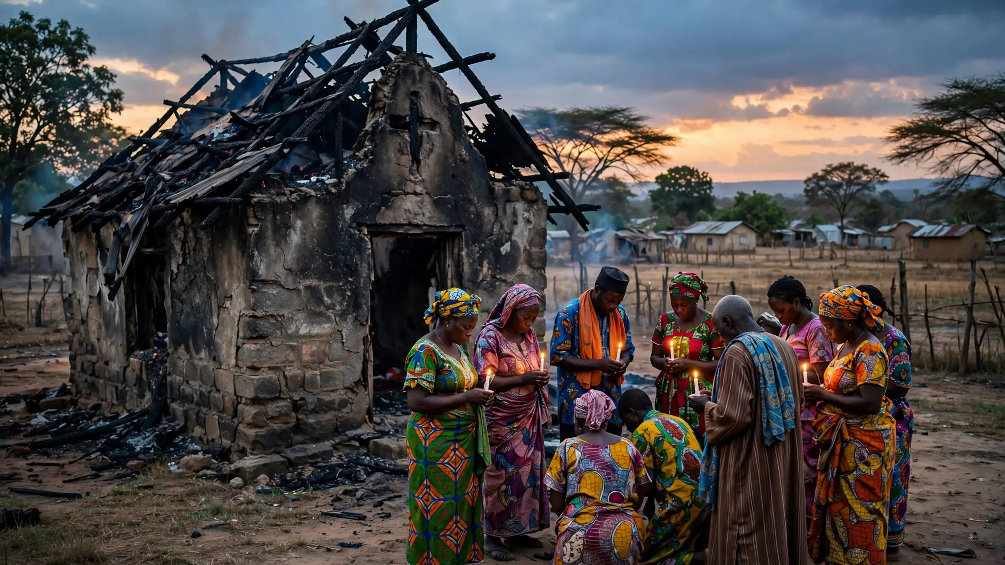 Mourners holding candles outside a burnt church in a Nigerian village at dusk