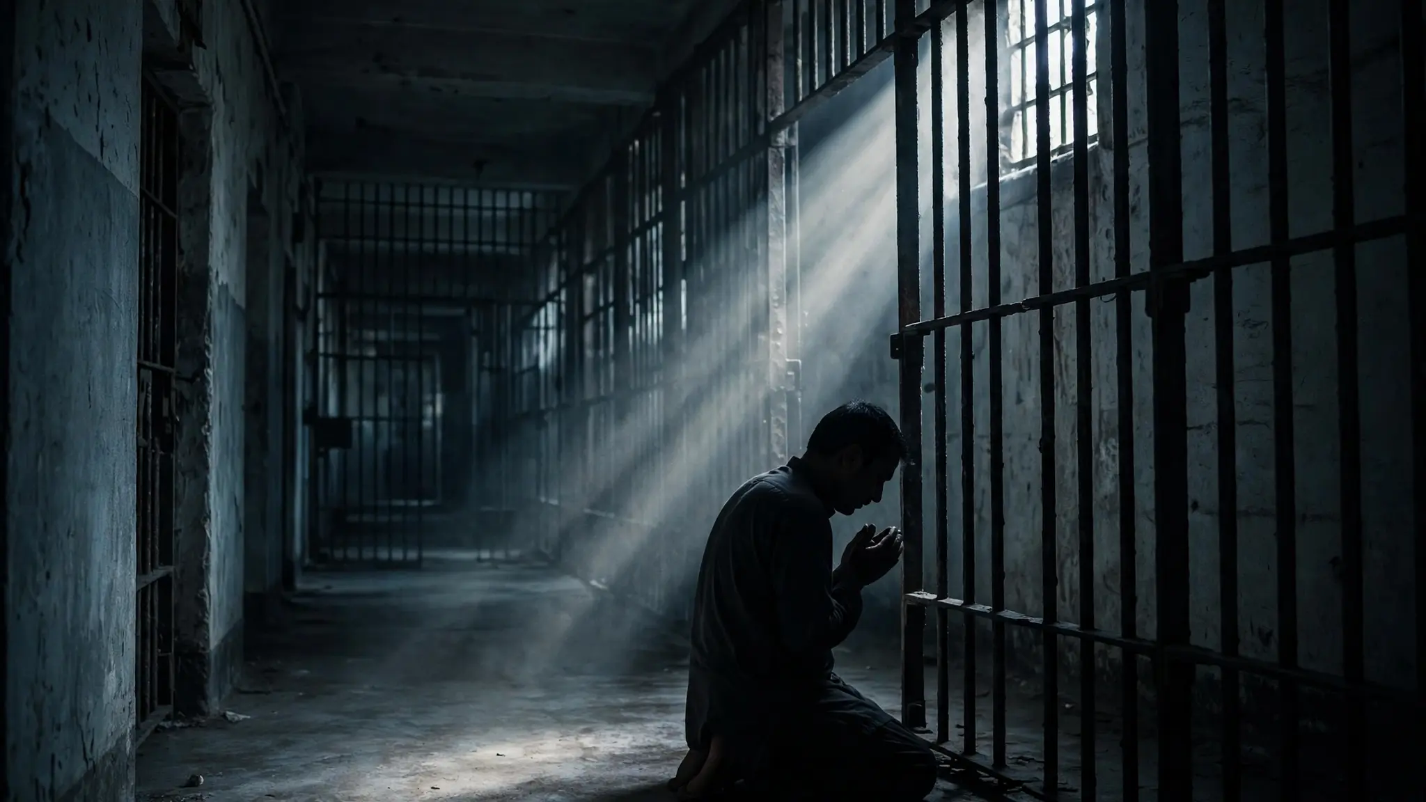 Silhouette of a Christian prisoner praying behind iron bars in a dim Pakistani prison corridor