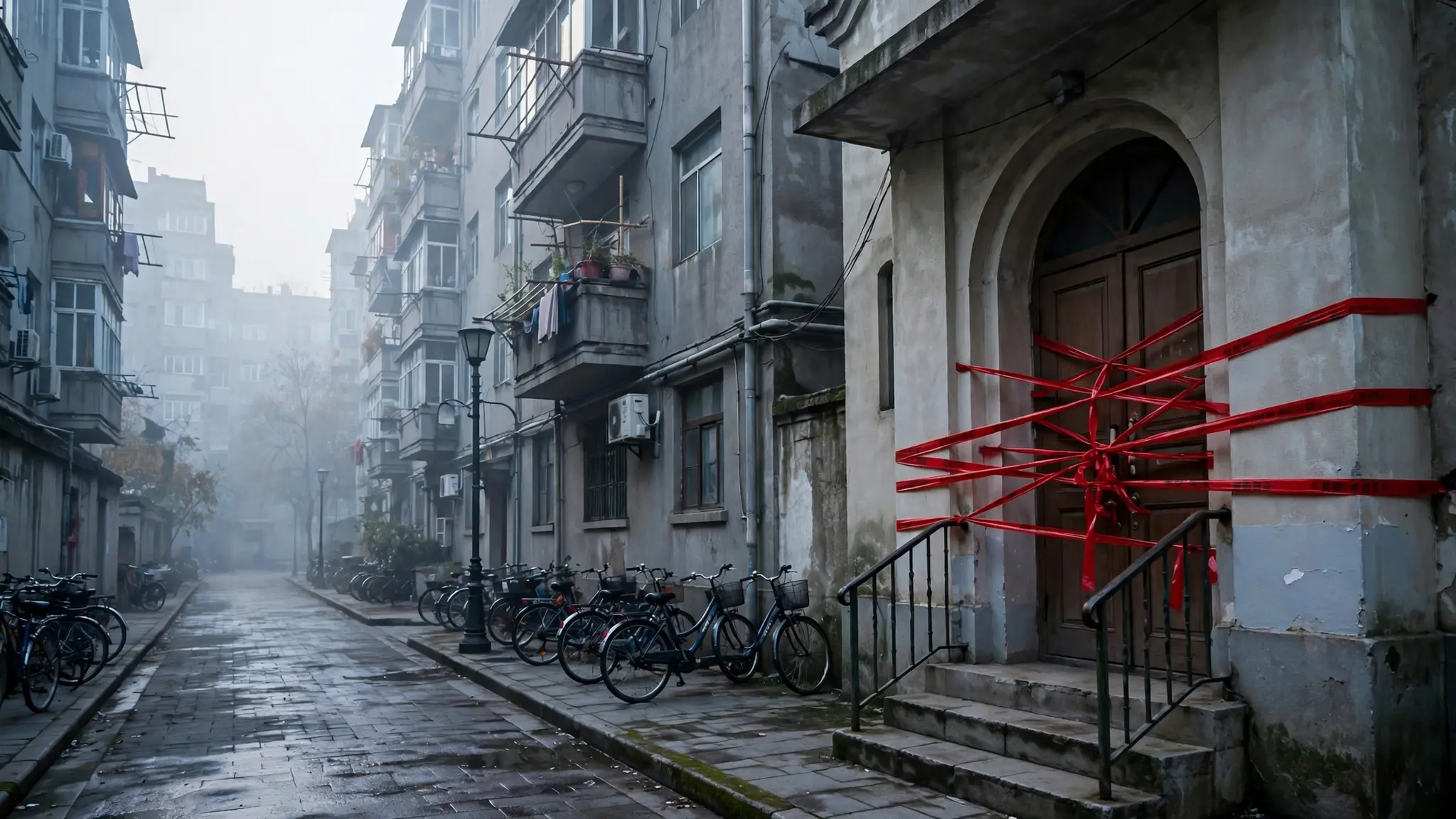 Entrance of an urban Chinese church sealed with red police tape at dawn