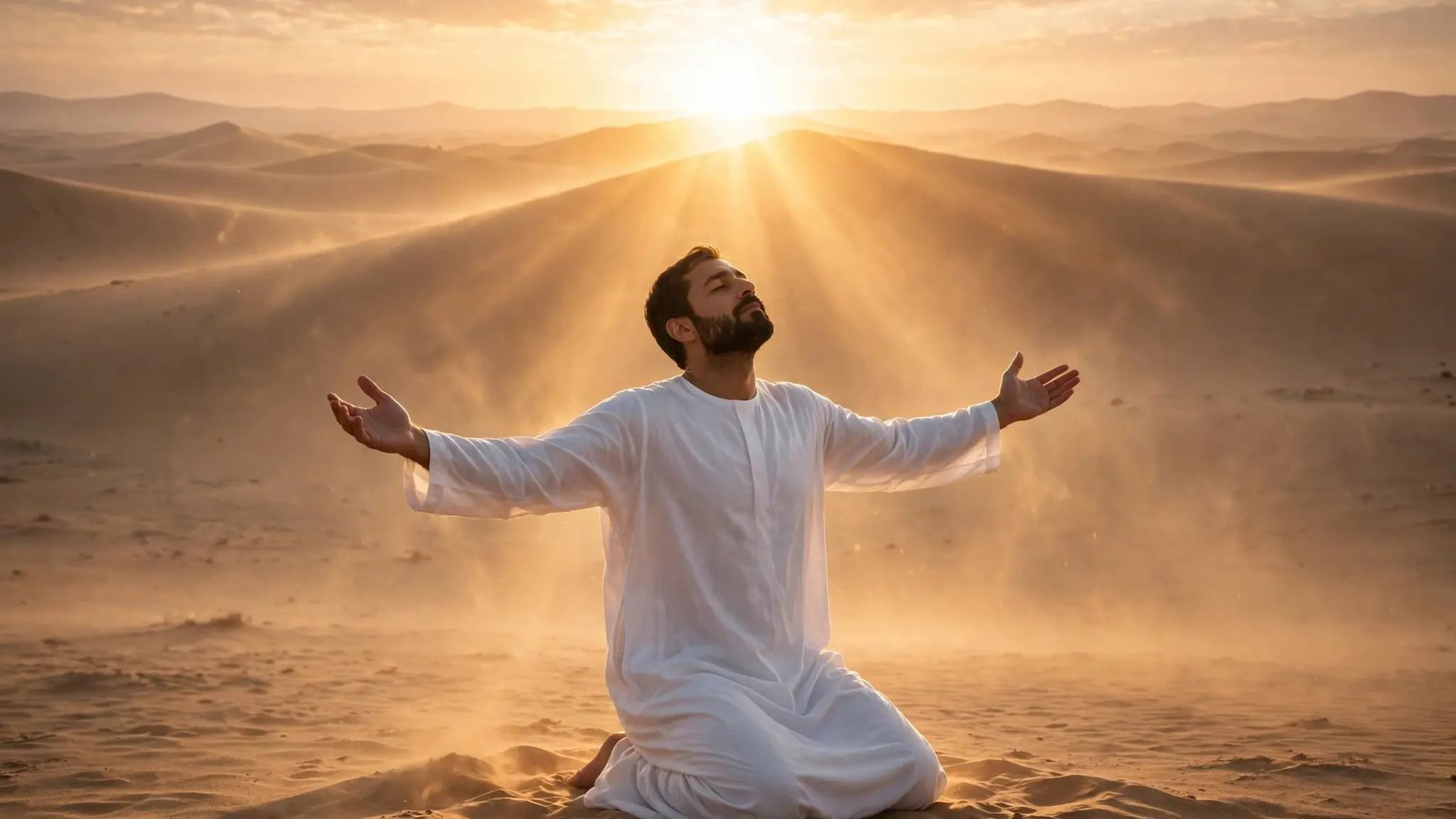 A Middle Eastern man in white robes kneeling in prayer alone in a vast desert at sunrise
