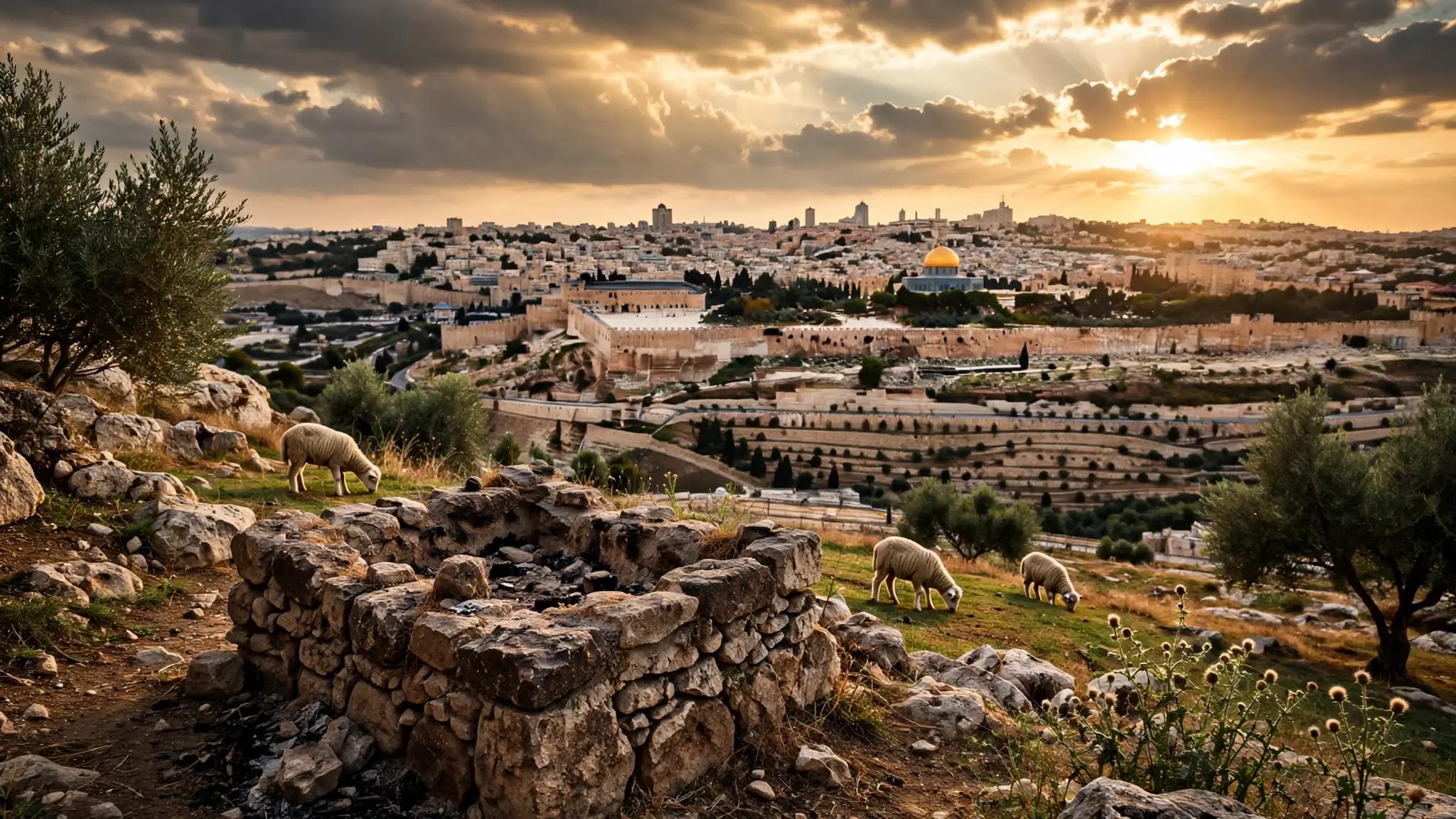 An ancient stone altar of sacrifice on a Jerusalem hillside at golden hour with the Old City in the distance