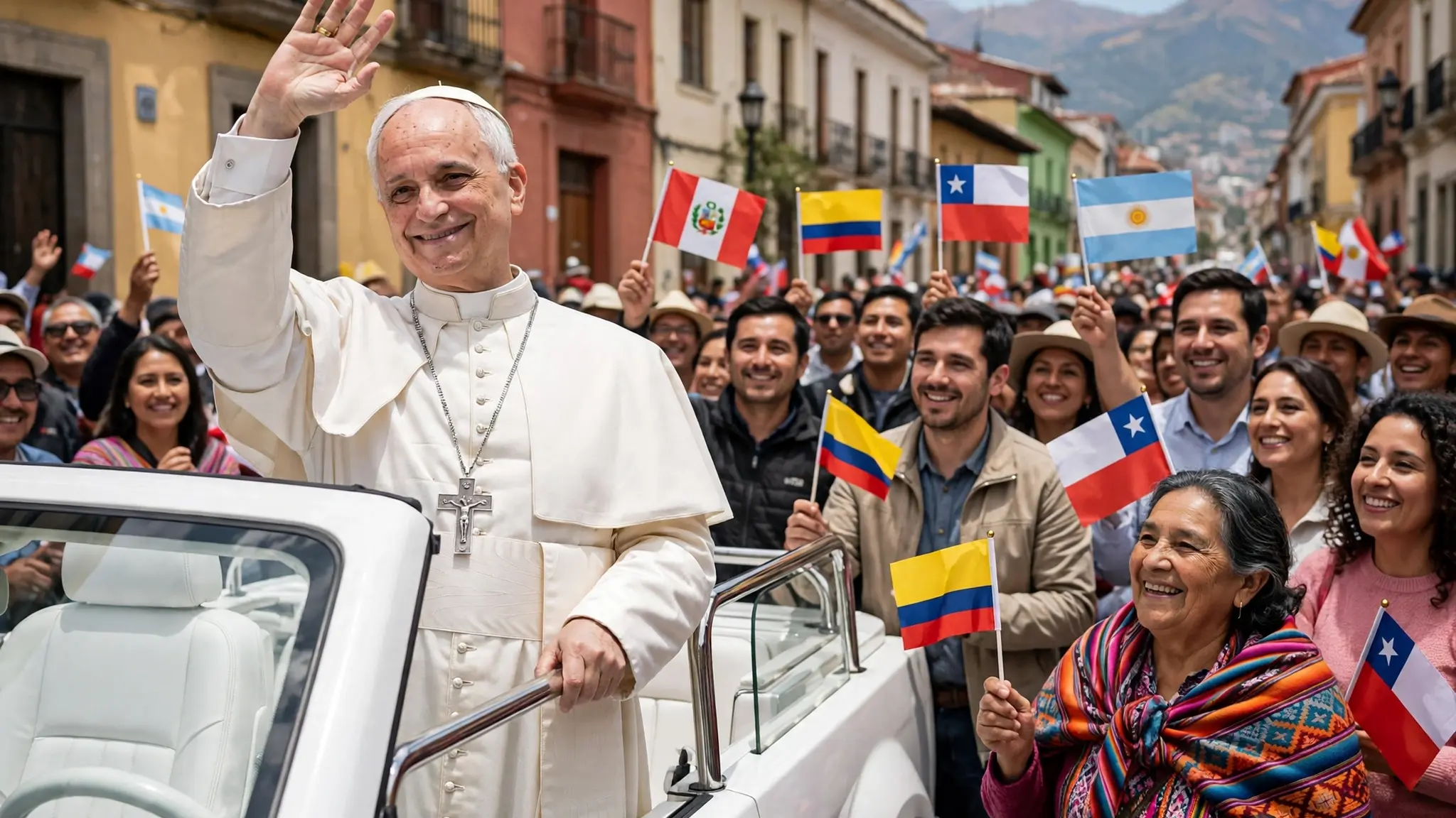 El papa León XIV saludando desde el papamóvil a una multitud latinoamericana con banderas en una calle sudamericana soleada