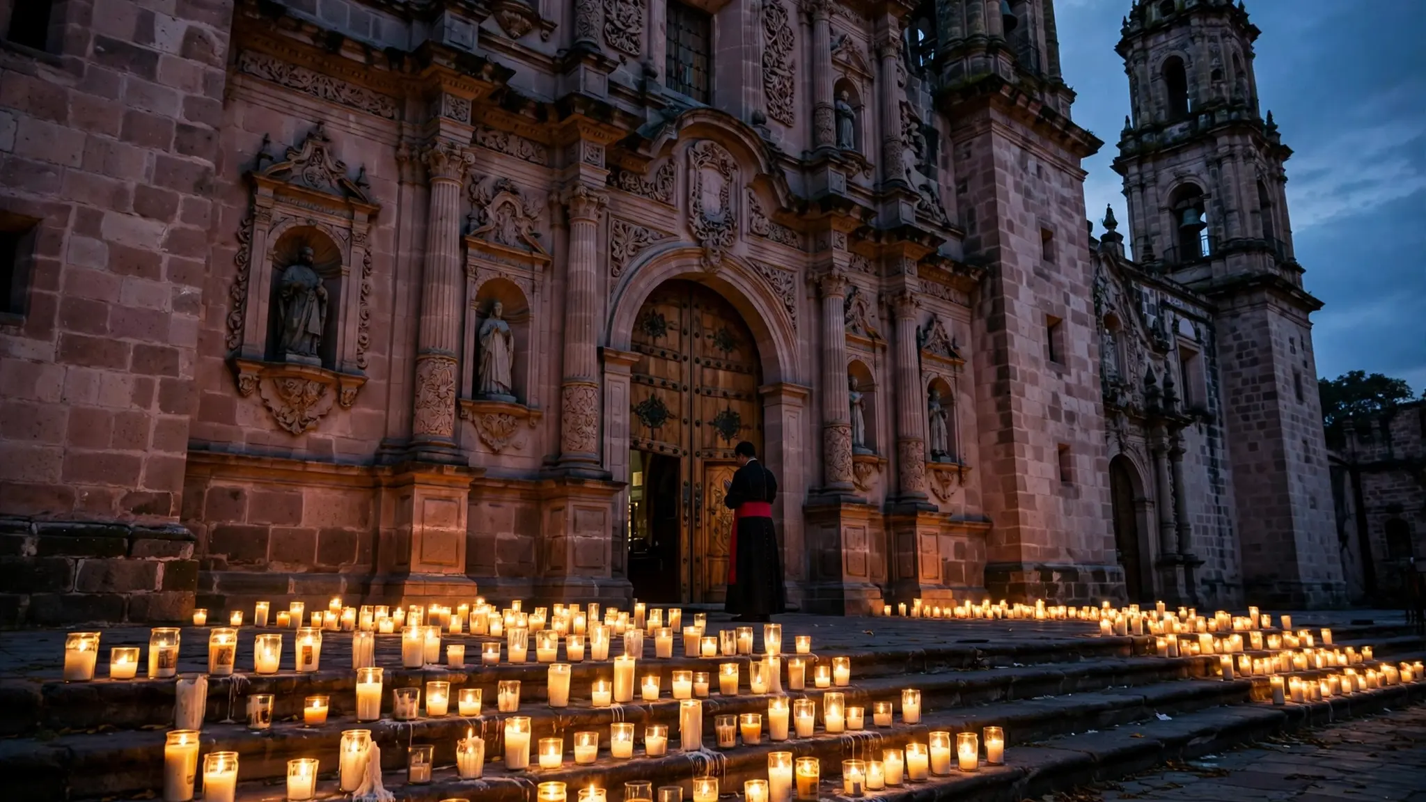 Catedral mexicana de cantera rosa al atardecer con cientos de velas encendidas en las escalinatas y un obispo rezando ante la puerta