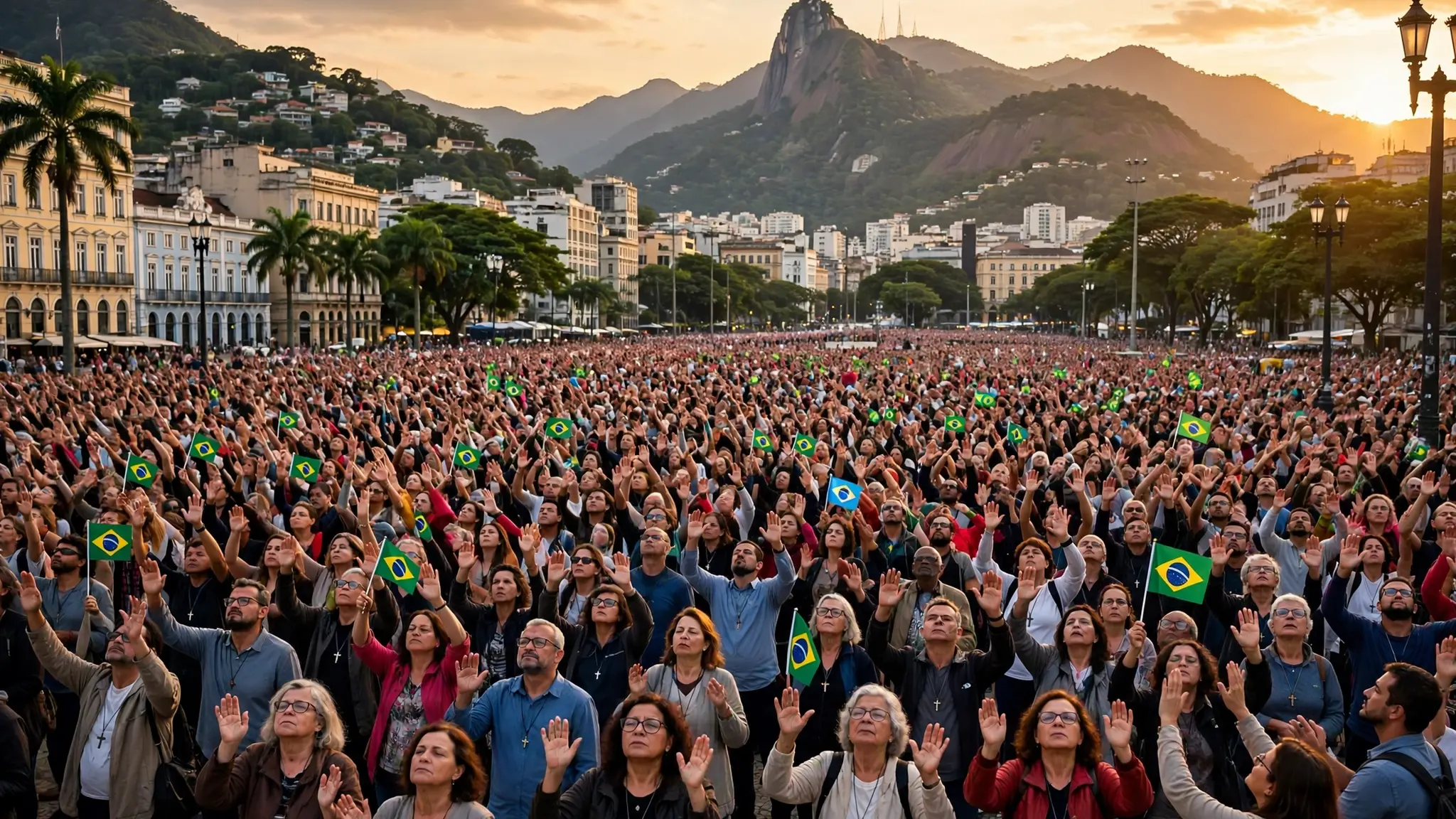 Multidão de brasileiros orando de mãos erguidas em uma praça do Rio de Janeiro ao pôr do sol, com bandeiras do Brasil e o Cristo Redentor ao longe