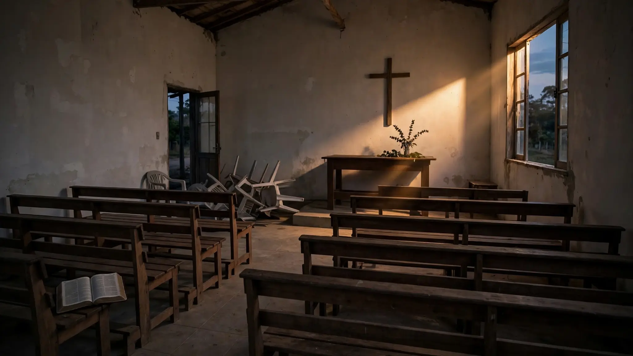 Interior humilde de igreja evangélica brasileira ao entardecer, bancos de madeira vazios, Bíblia aberta sobre um banco e cadeiras de plástico tombadas perto da porta