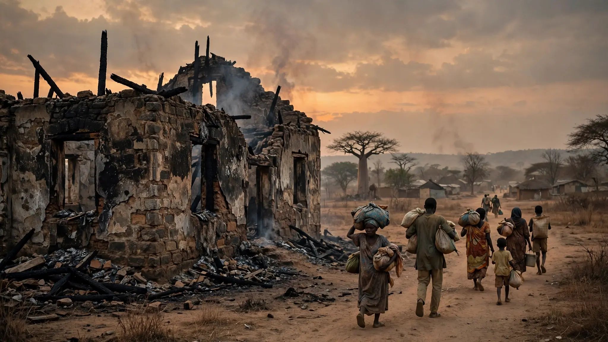 A burned-out church building in rural Nigeria at dusk, with smoke rising and displaced villagers carrying belongings
