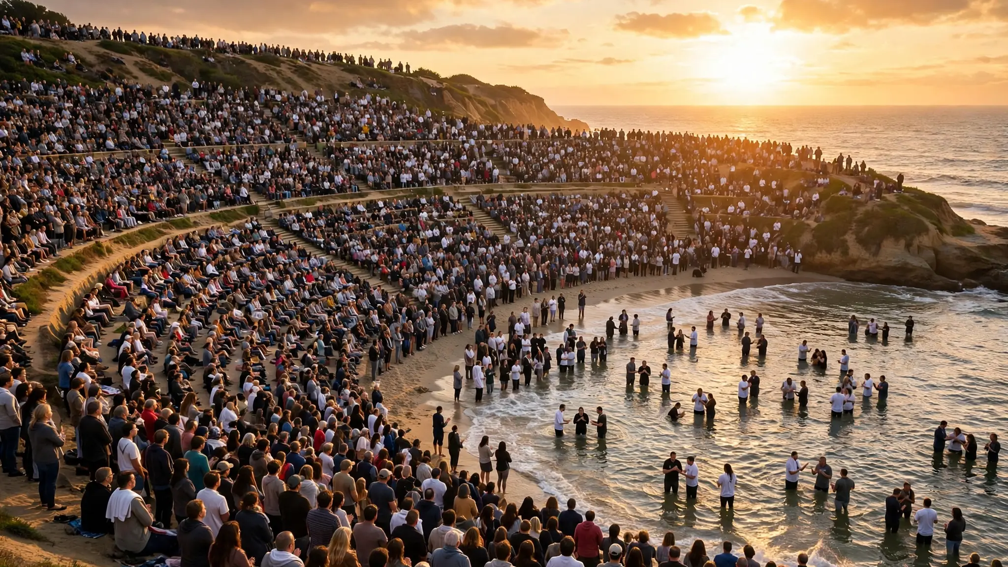 Thousands of people gathered at a beach amphitheater at sunset for mass baptisms in the ocean waves