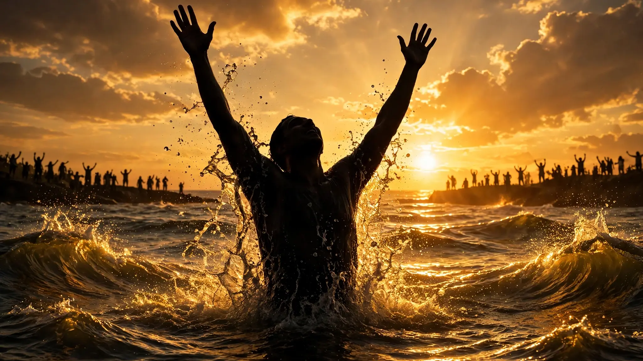 A singer with raised hands coming up from baptism waters at sunset, ocean waves glowing gold