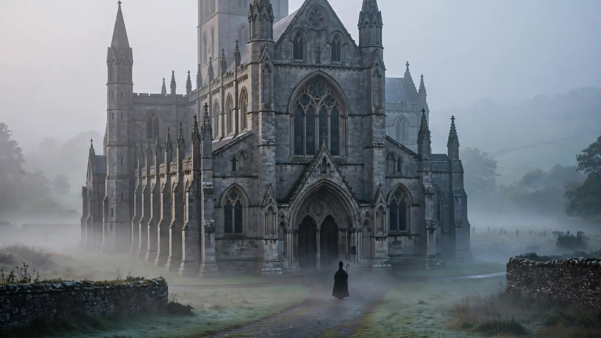 An Anglican cathedral in northern England at dawn with a bishop's silhouette walking toward the doors