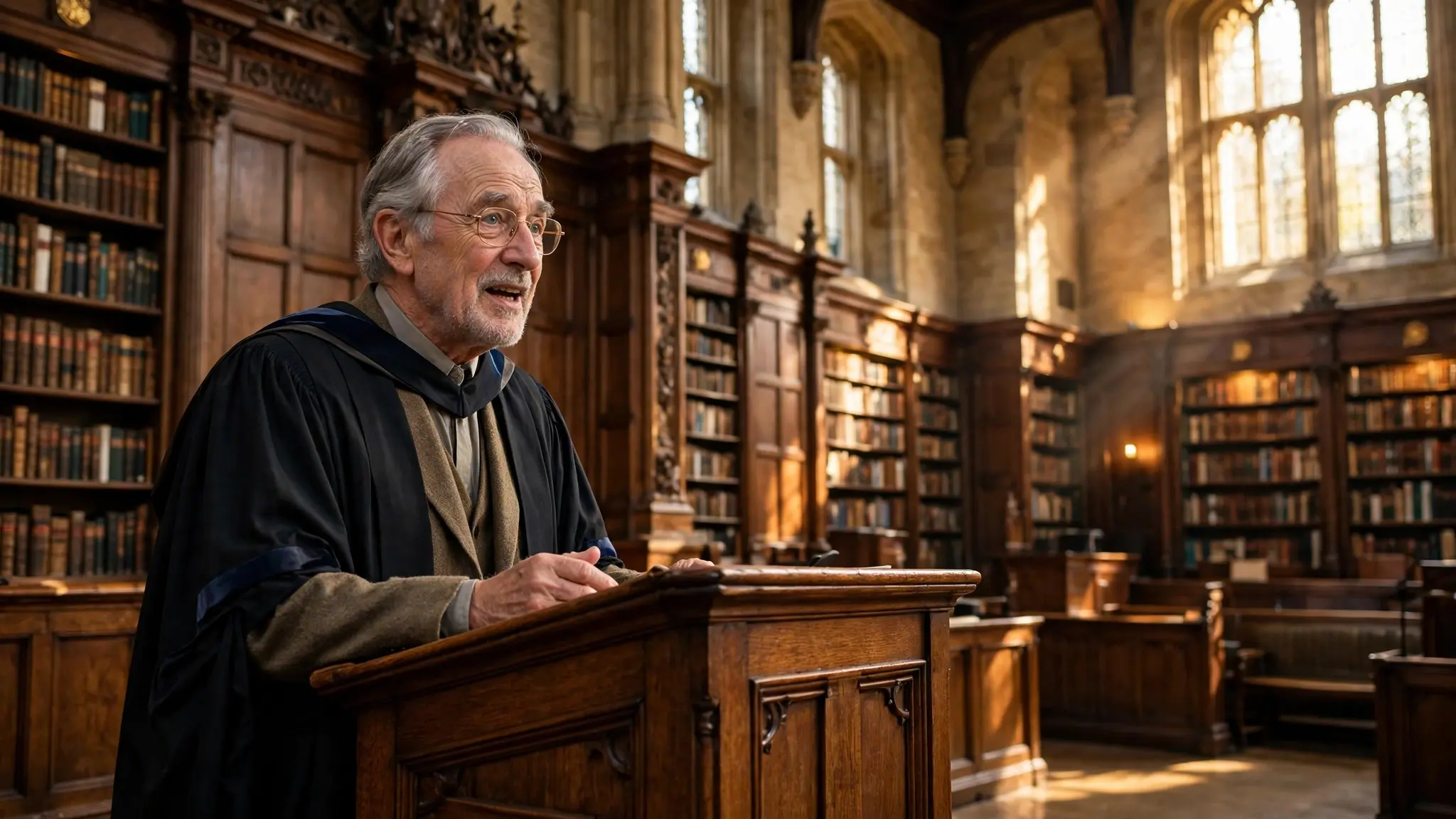An elderly Oxford professor with kind eyes speaking at a lecture podium, warm light on old university woodwork