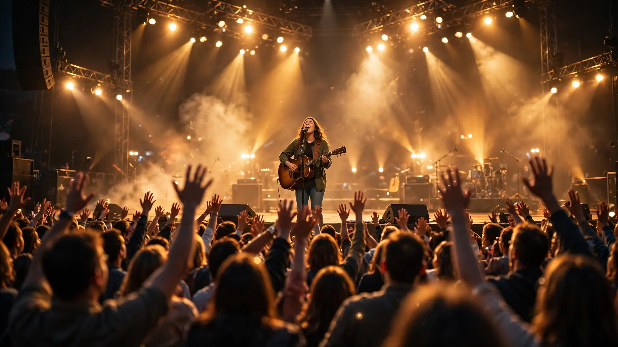 Josh Baldwin leading worship on the Grand Ole Opry stage with an acoustic guitar before a glowing crowd with raised hands