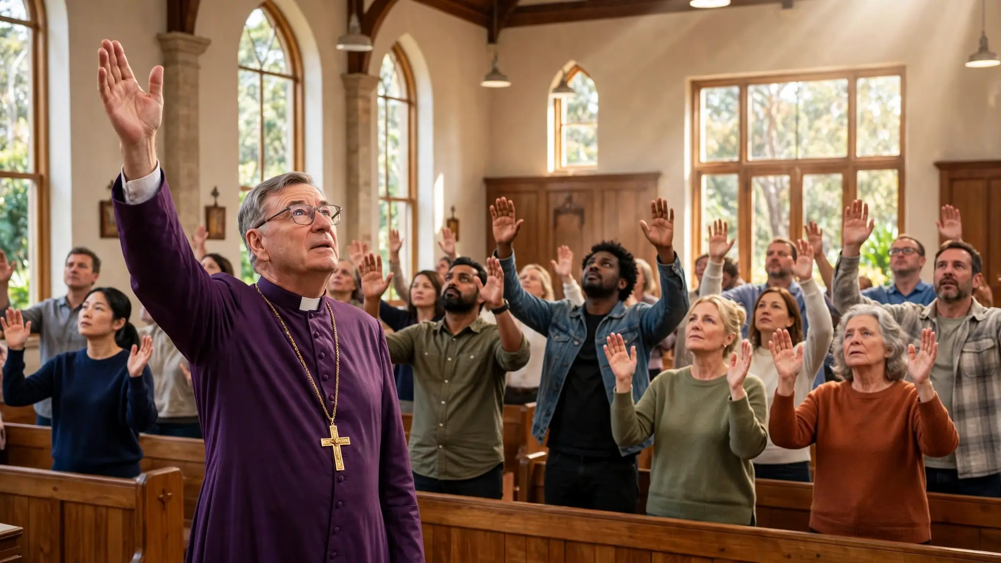 Bishop Glenn Davies leading worship in a sunlit Australian Anglican church as a congregation stands with hands raised