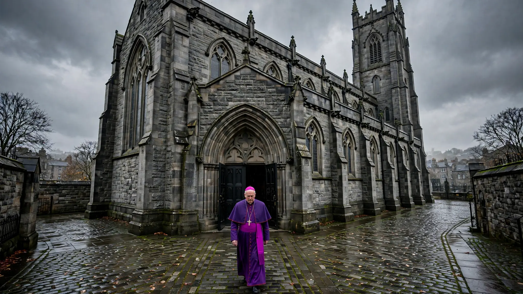 An Anglican bishop in a purple cassock standing before a stone cathedral in Aberdeen, Scotland under grey skies