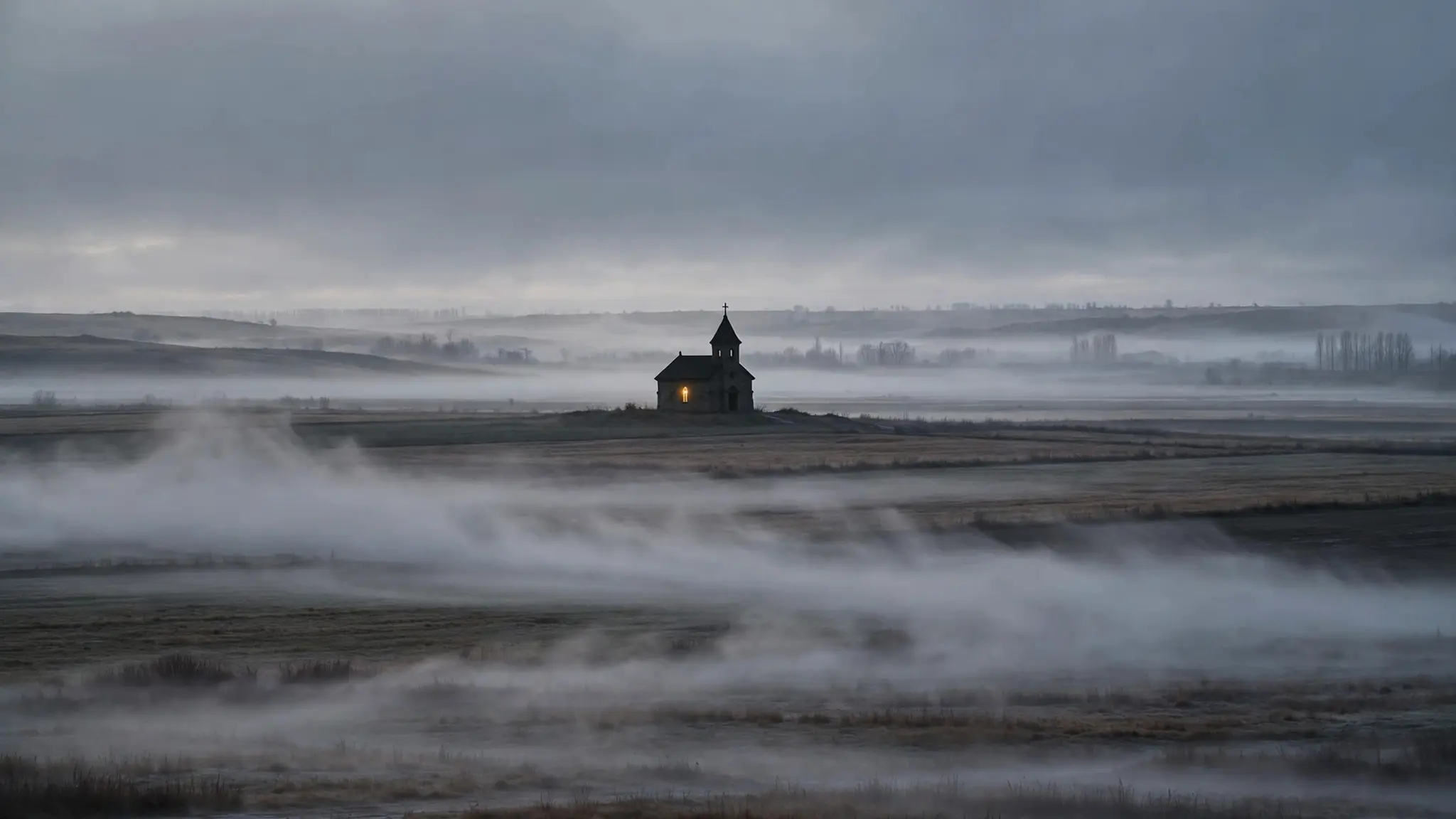 A small lone church silhouetted under a vast gray sky in northern China at dawn with morning mist