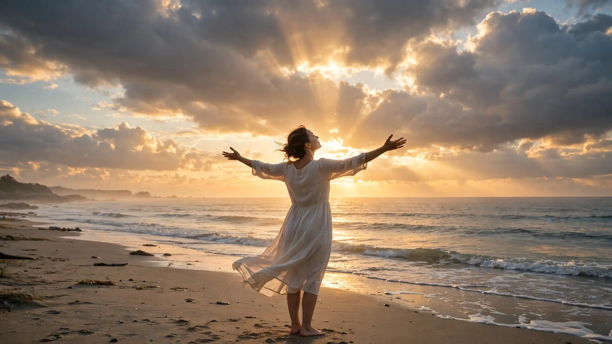 A woman standing on a quiet beach at sunrise with arms open as golden light breaks through the clouds over the ocean