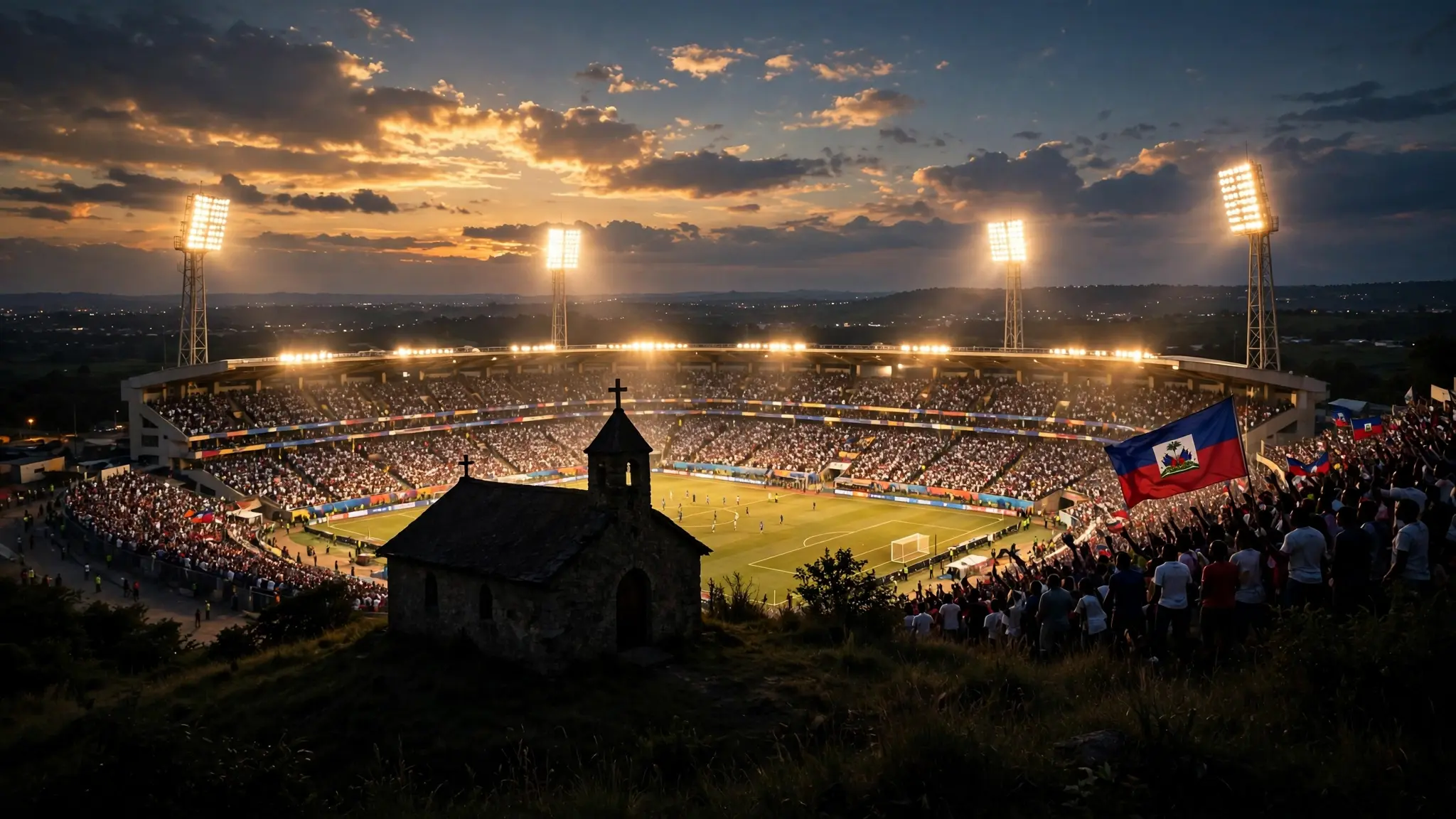 Estadio del Mundial 2026 con la bandera de Haití y una iglesia cristiana al atardecer