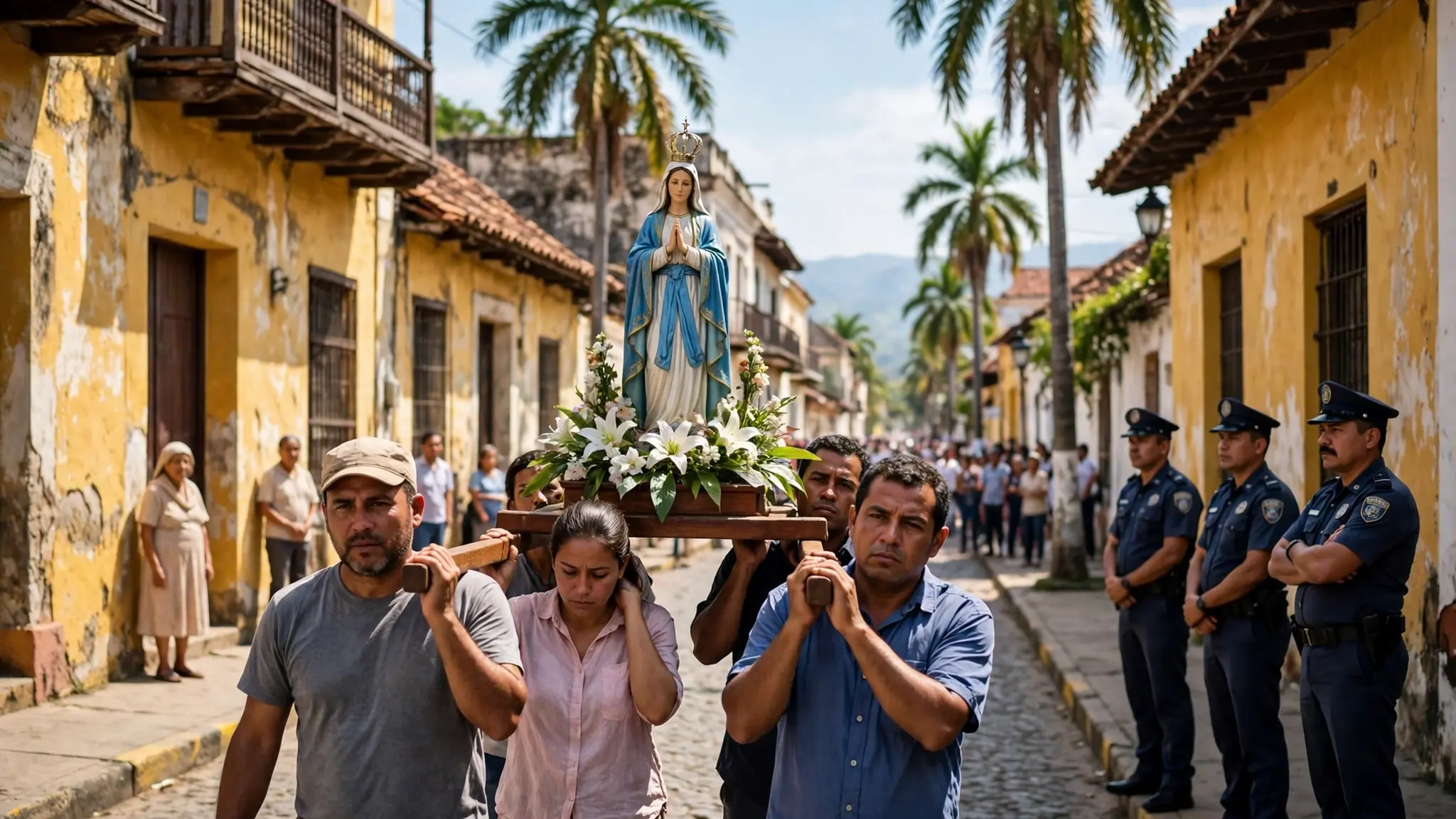 Procesión religiosa nicaragüense con la imagen de la Virgen y policías vigilando en las calles de Managua