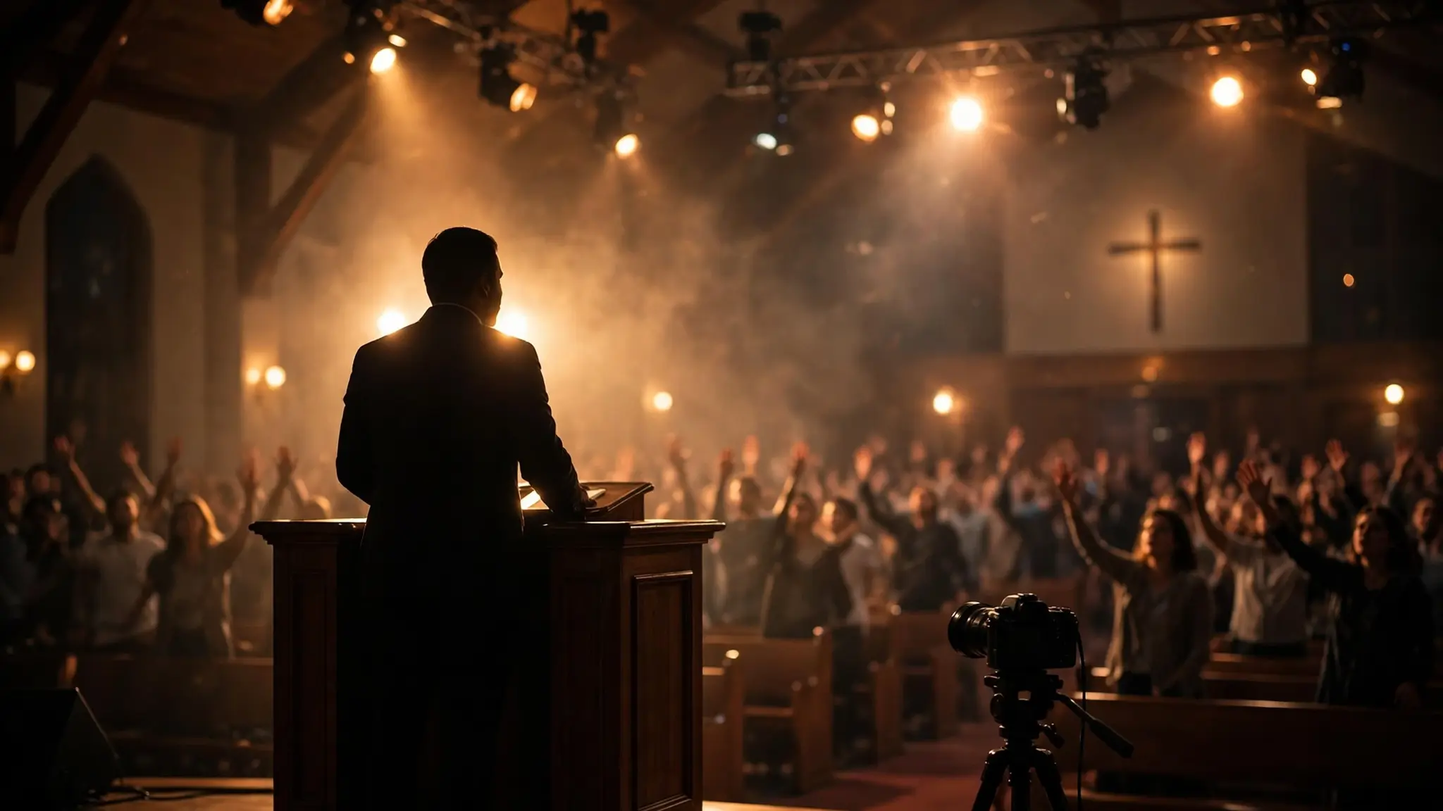 Púlpito de igreja evangélica brasileira durante culto transmitido ao vivo