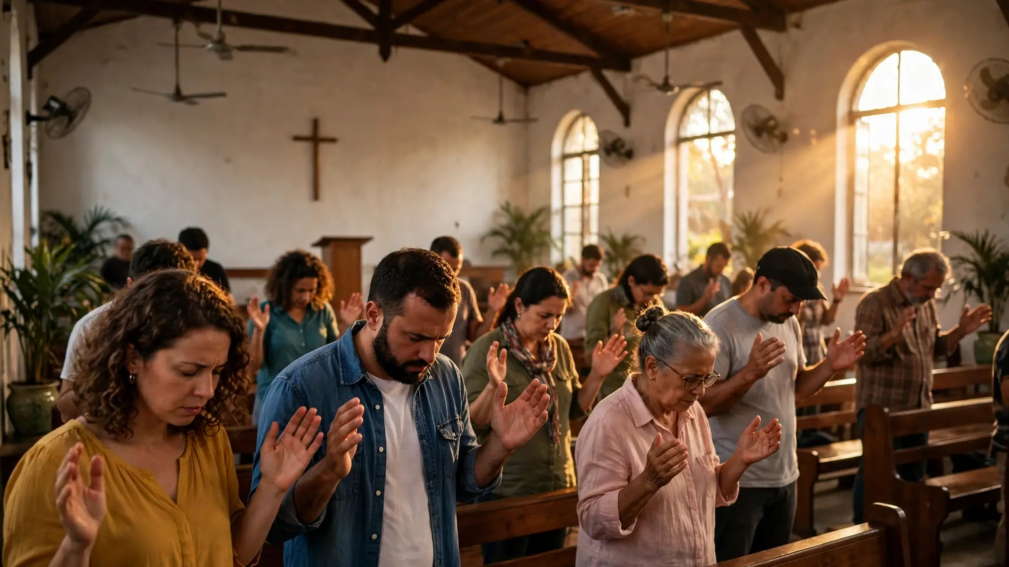 Interior de igreja evangélica brasileira durante culto com fiéis orando
