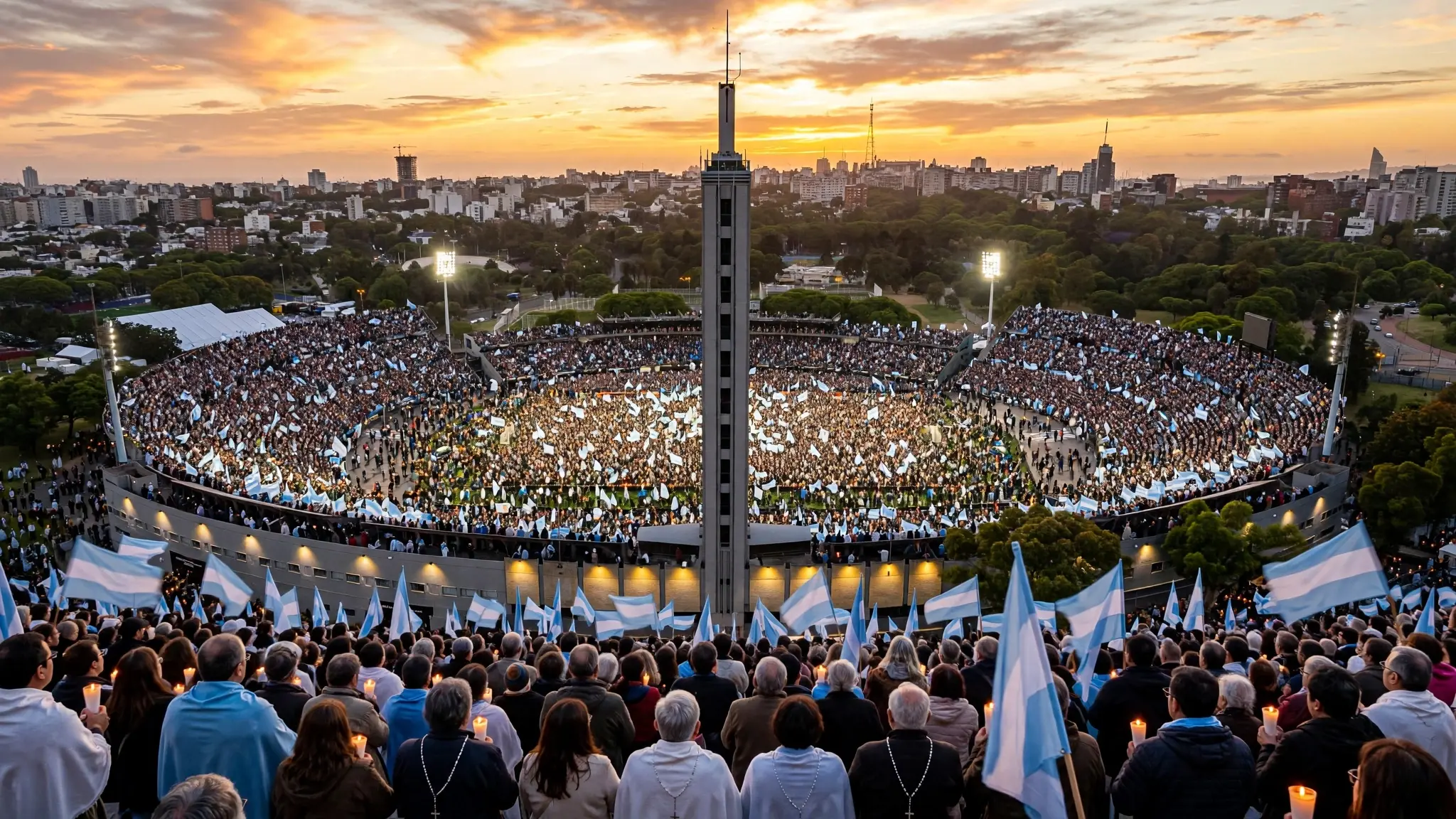 Multitud de fieles uruguayos con banderas esperando al papa León XIV en el Estadio Centenario de Montevideo