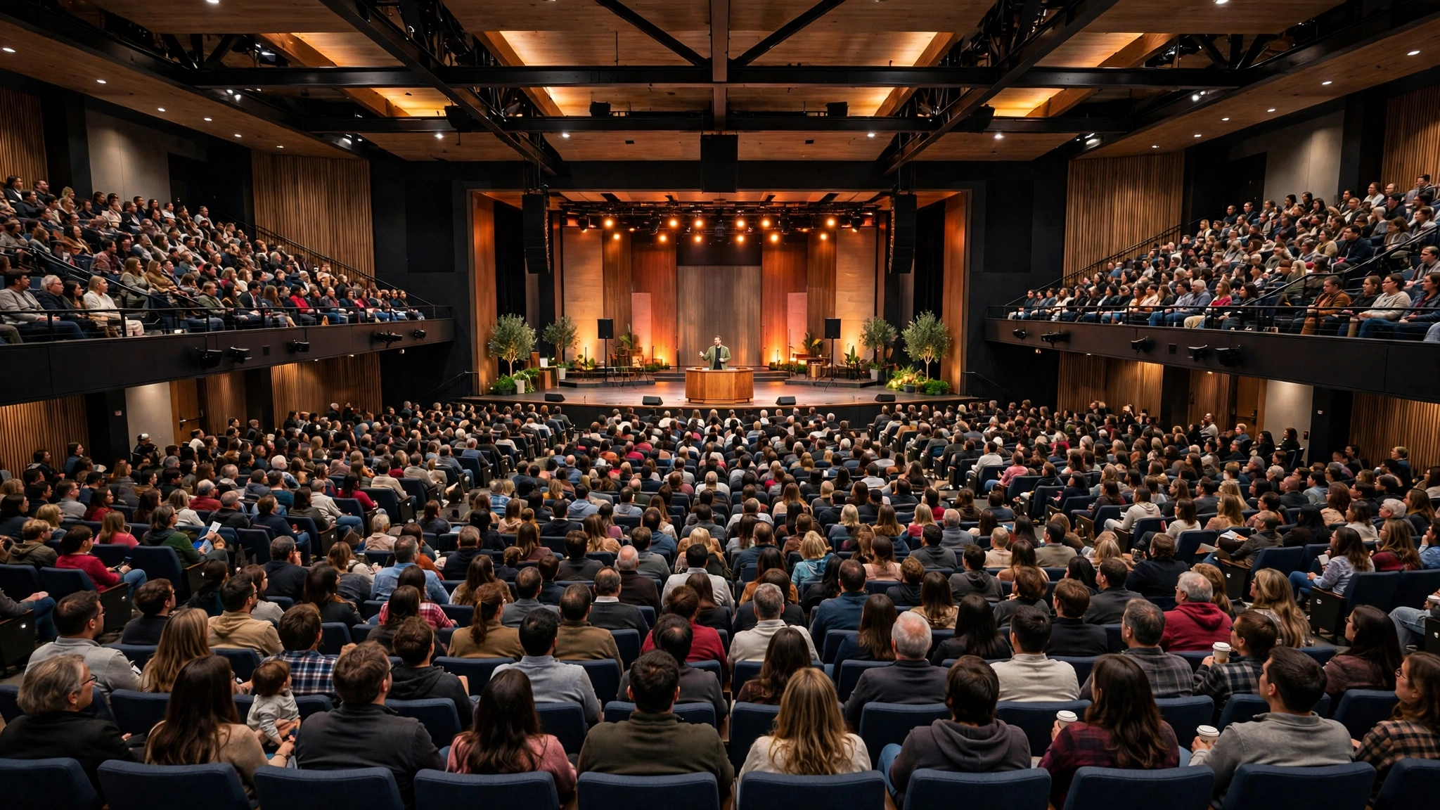A large modern American megachurch auditorium during a Sunday service