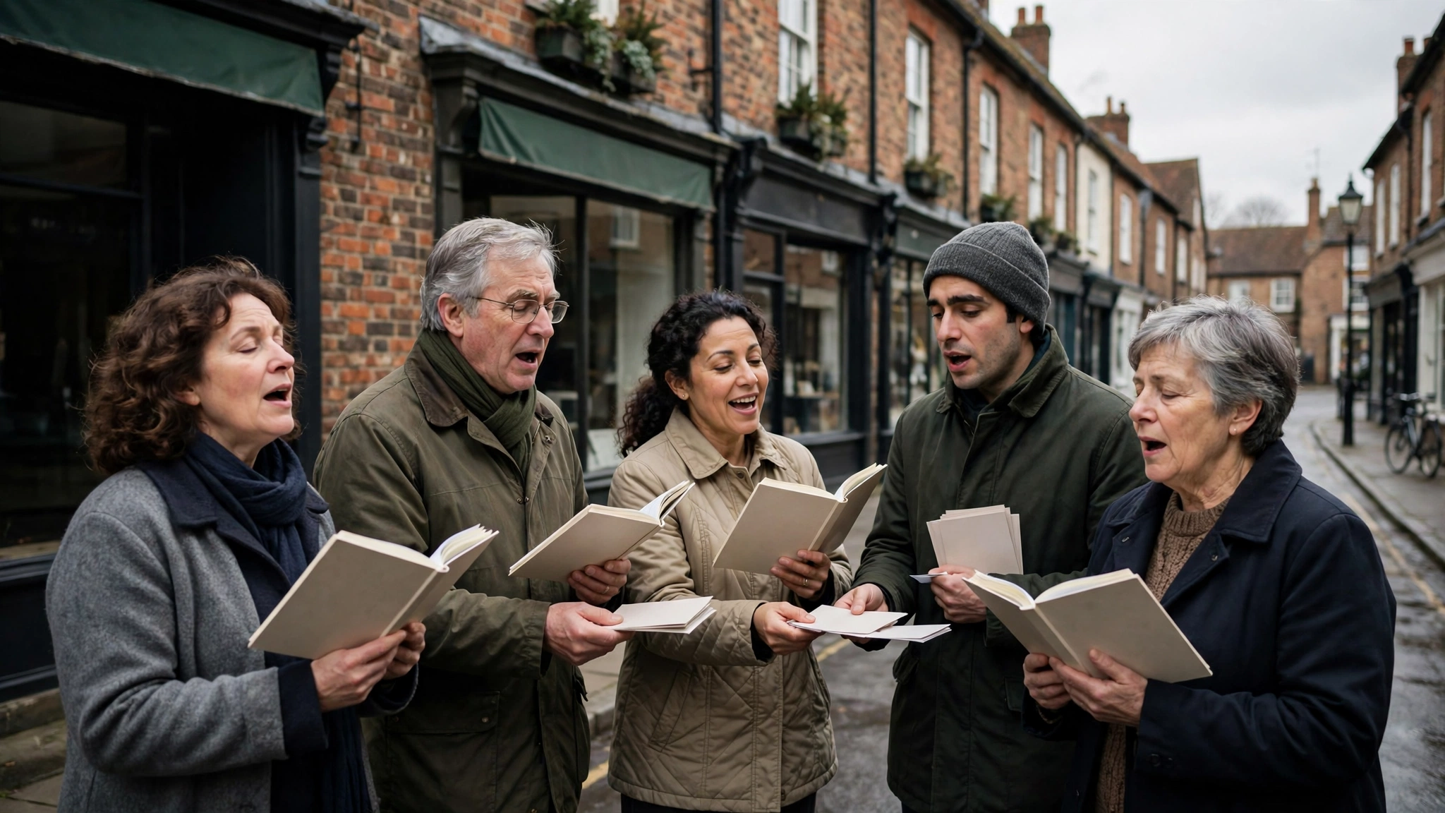 Christians singing hymns and sharing leaflets on an English high street