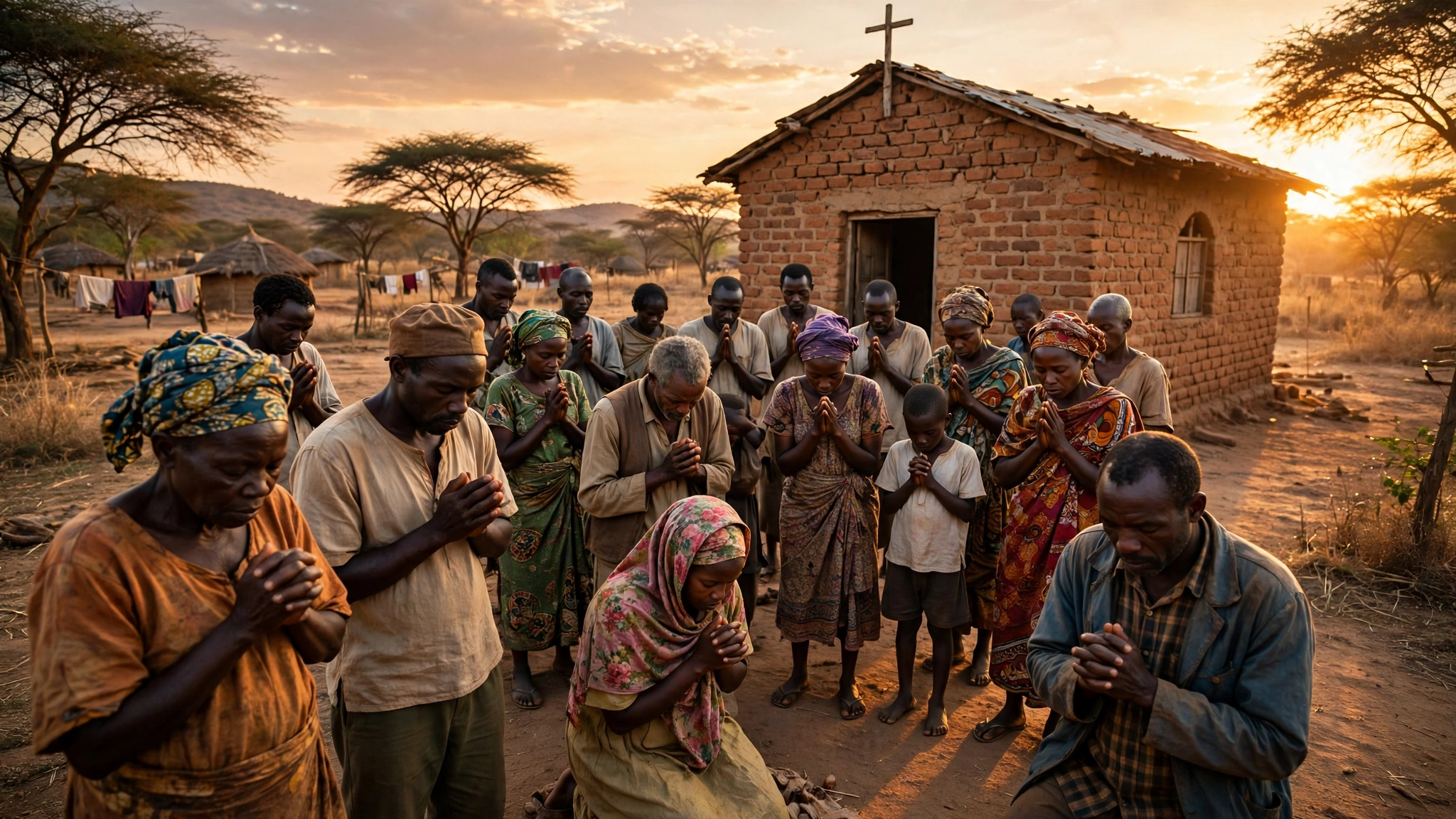 A rural African village church congregation gathered outside a simple brick church at sunset