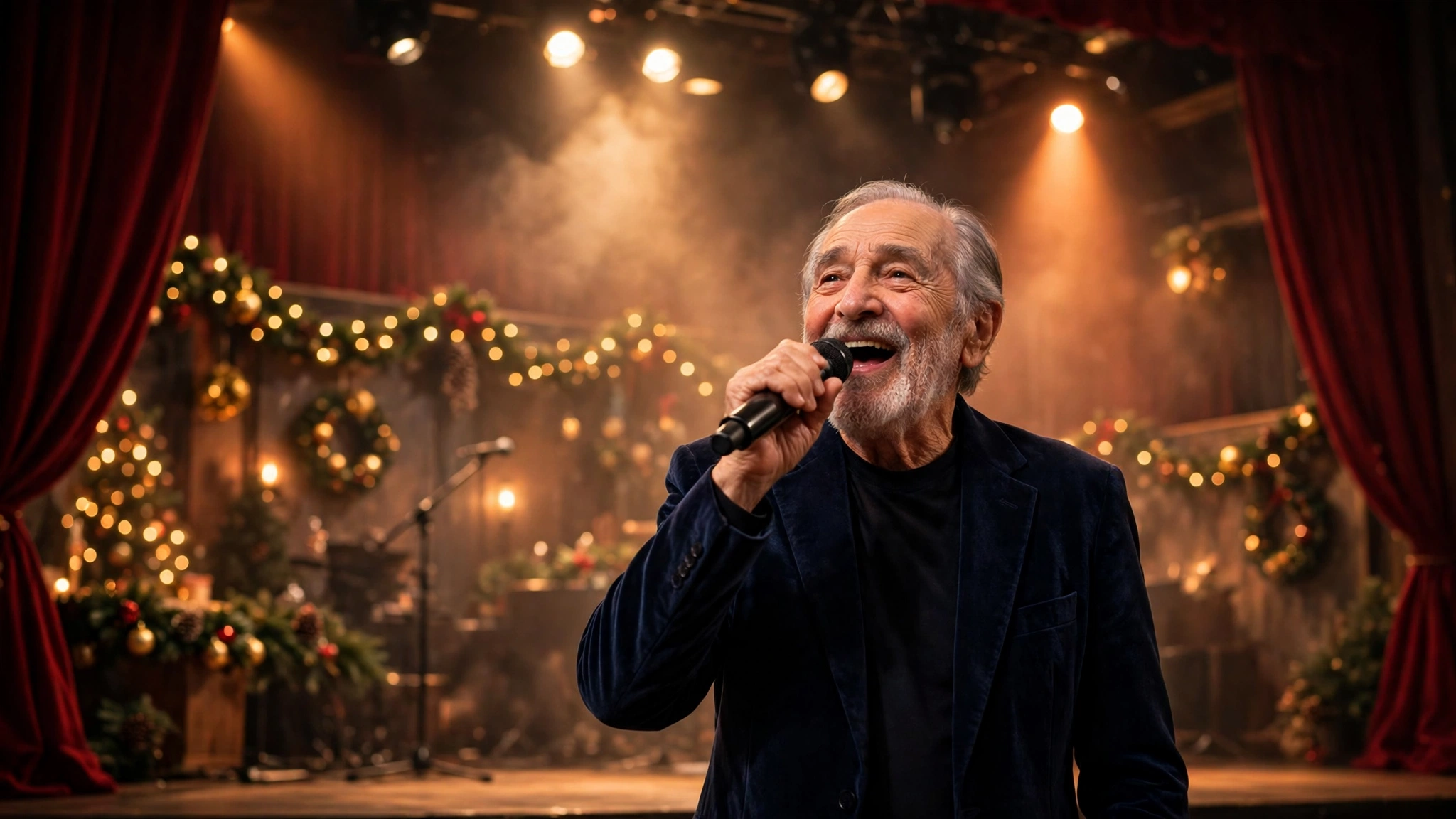 An elderly male singer performing on a theatre stage in warm spotlights