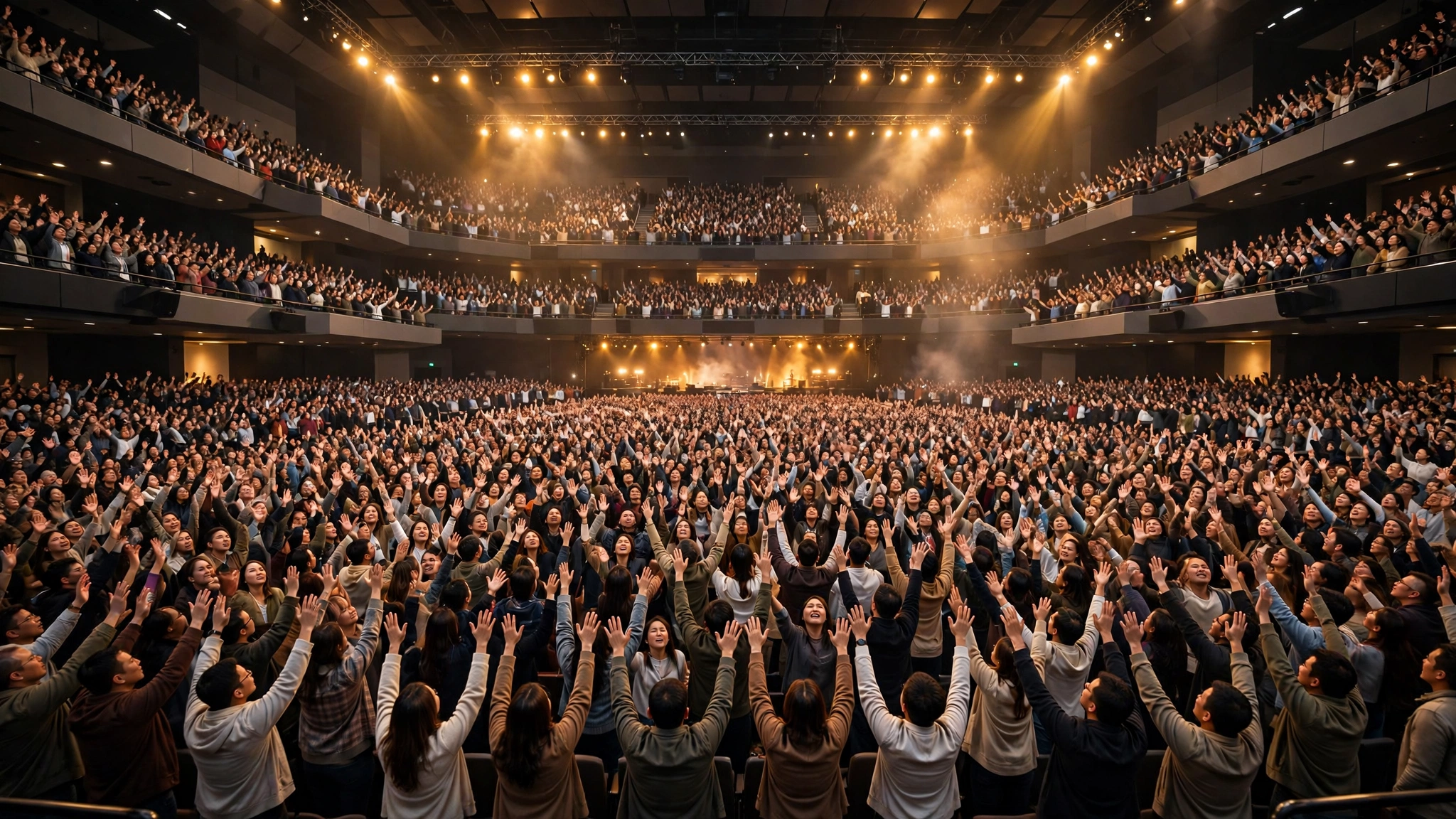 A huge global worship gathering in a large auditorium with raised hands and golden stage lights