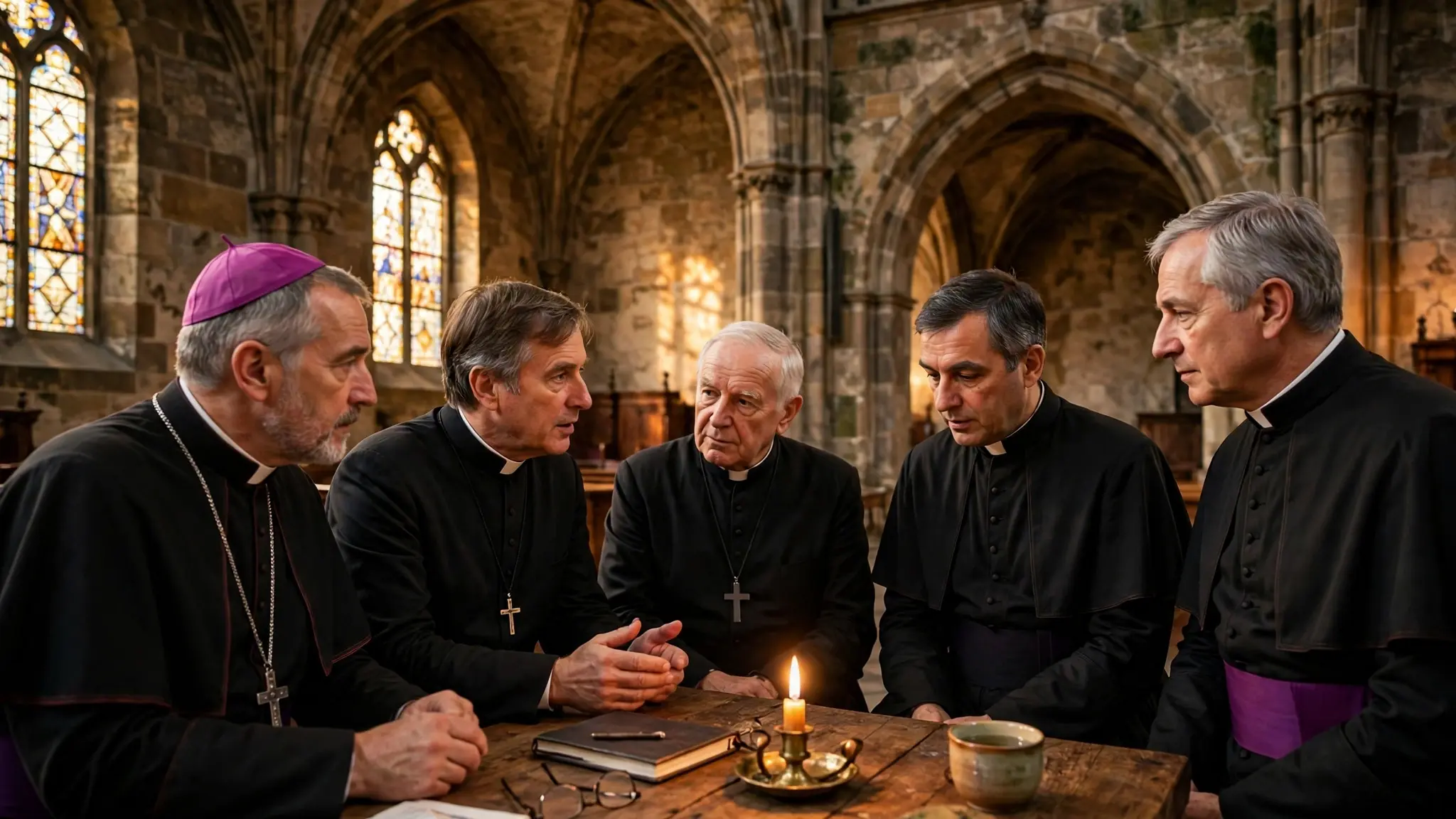 European church leaders in discussion inside a historic Prague church hall
