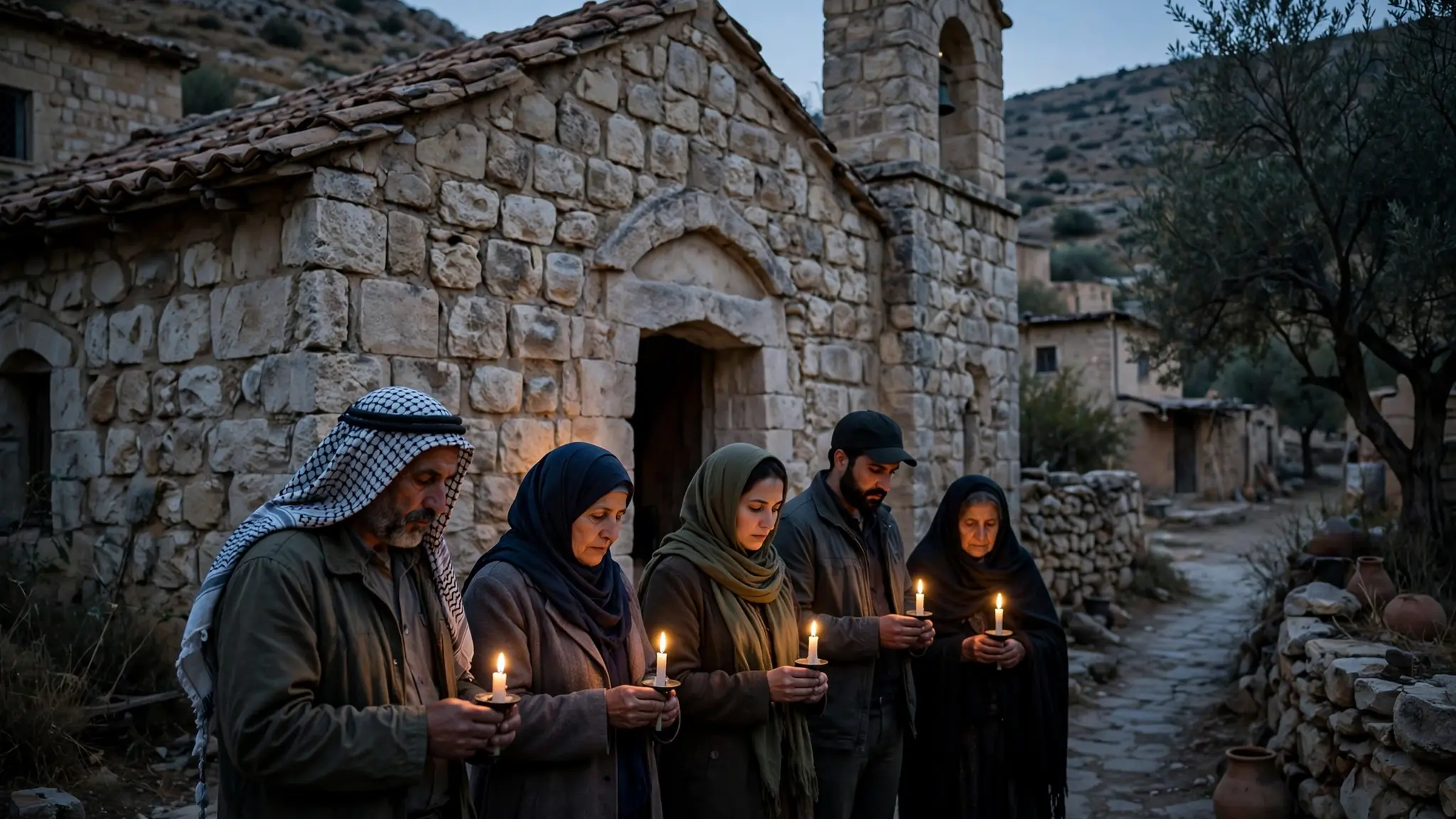 Mourners holding candles outside a stone church in a Middle Eastern village at dusk