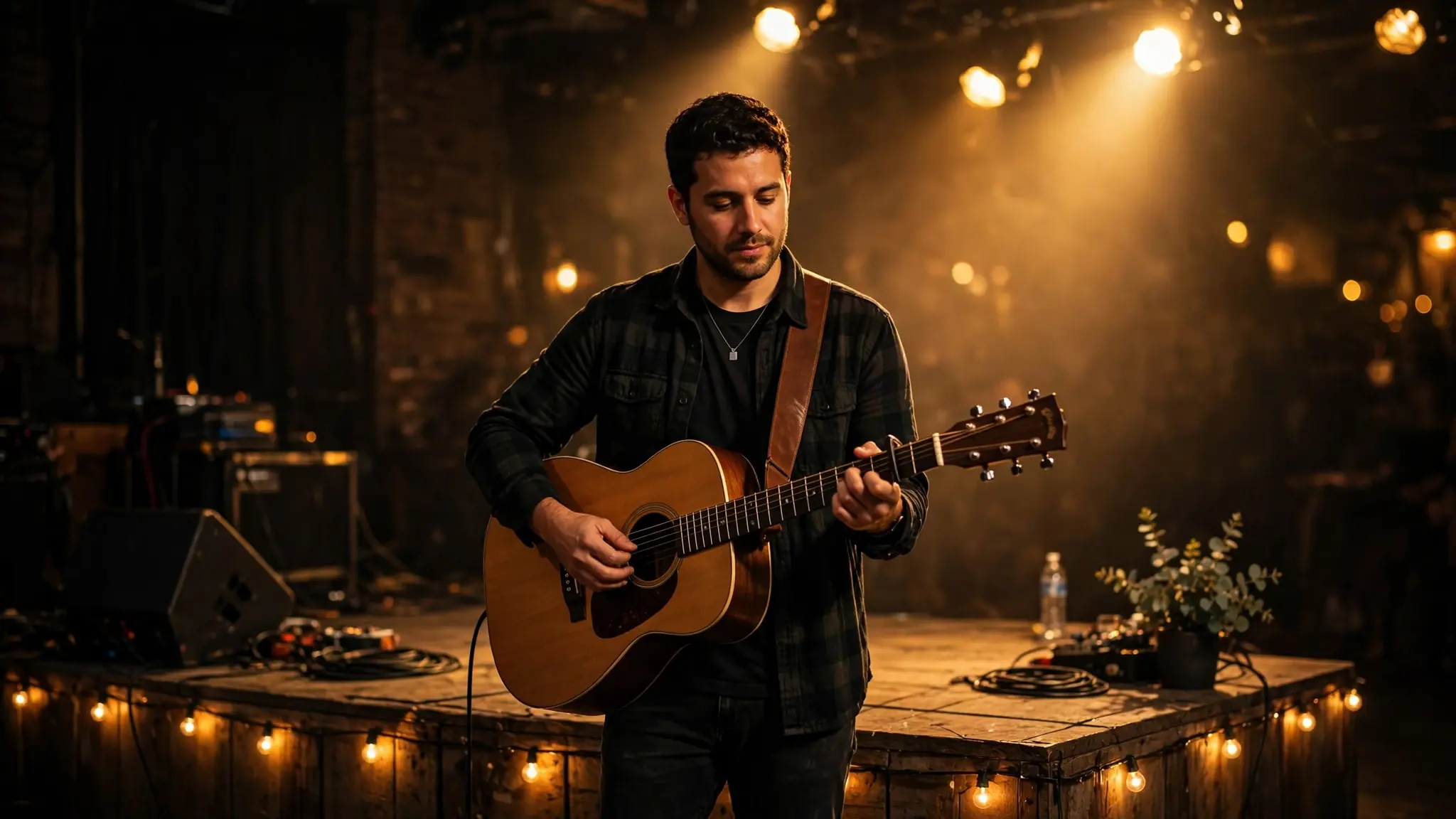 A singer-songwriter performing alone on a small stage under warm golden lights
