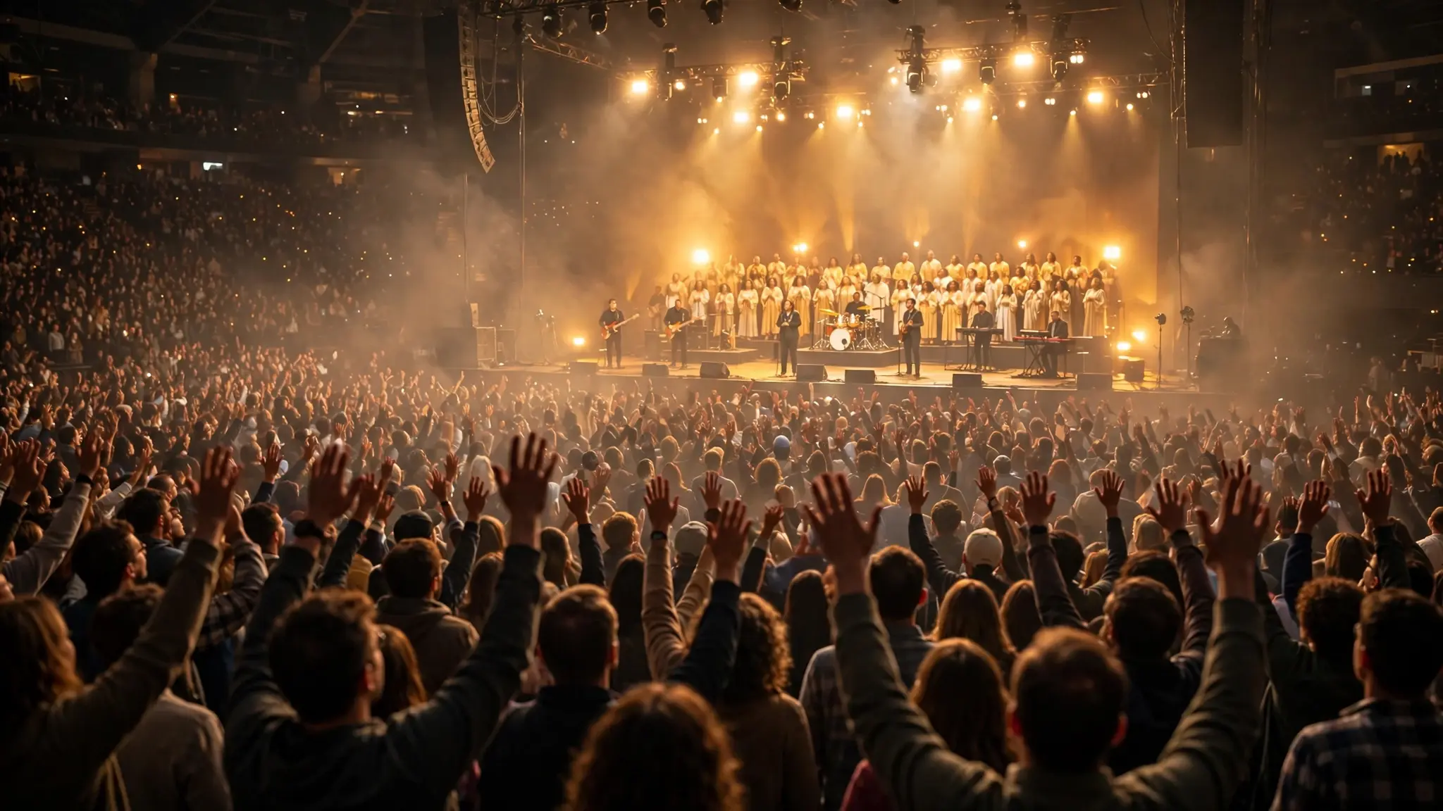 A large arena worship concert with a choir on stage and raised hands in the crowd