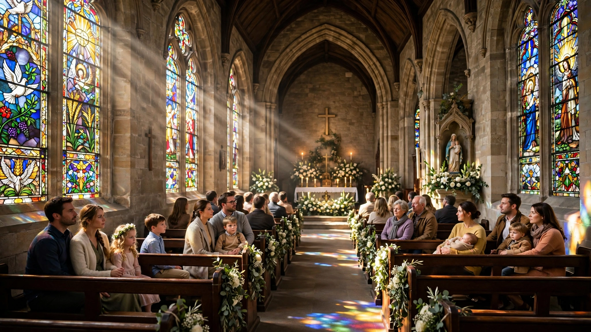 Interior de una iglesia católica con luz entrando por las vidrieras durante una celebración con familias