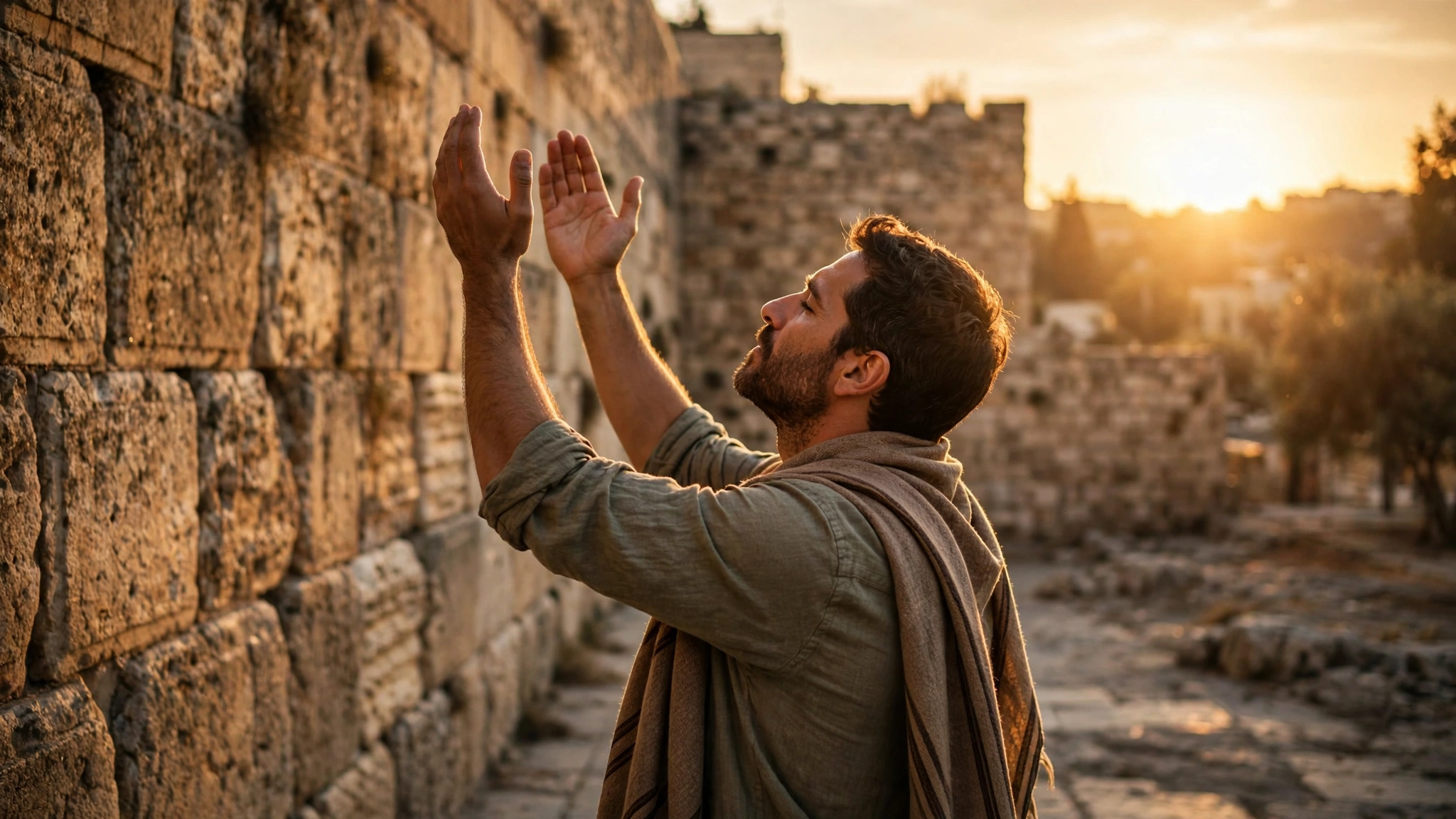 Pastor orando com as mãos erguidas diante das muralhas antigas de Jerusalém ao pôr do sol