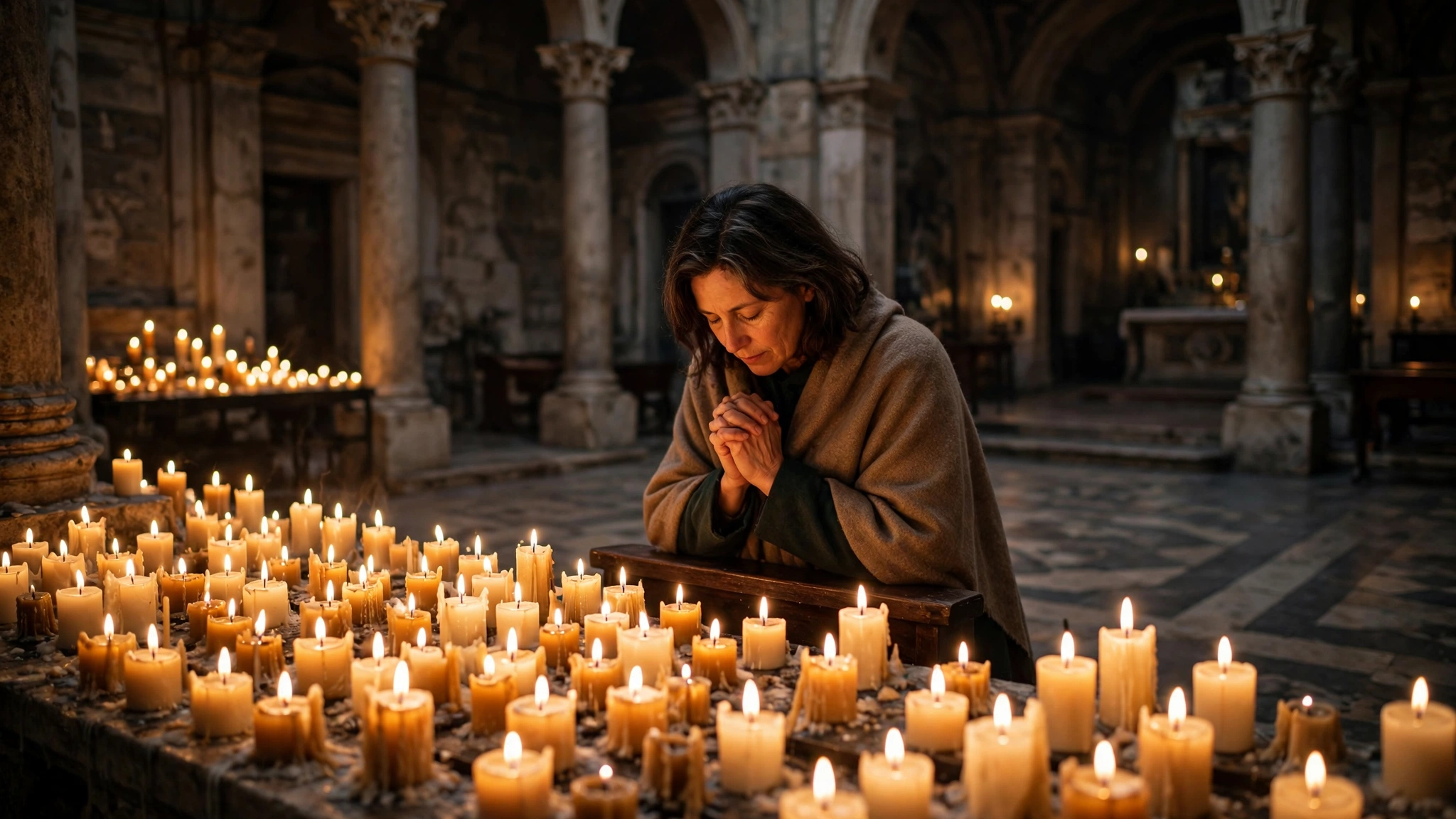 Fidèles priant dans une église romaine devant des cierges allumés