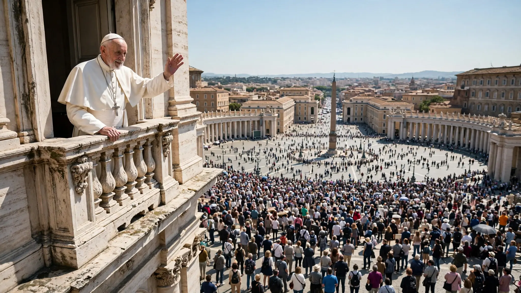 Pope Leo XIV waving to crowds in St Peter's Square at the Vatican