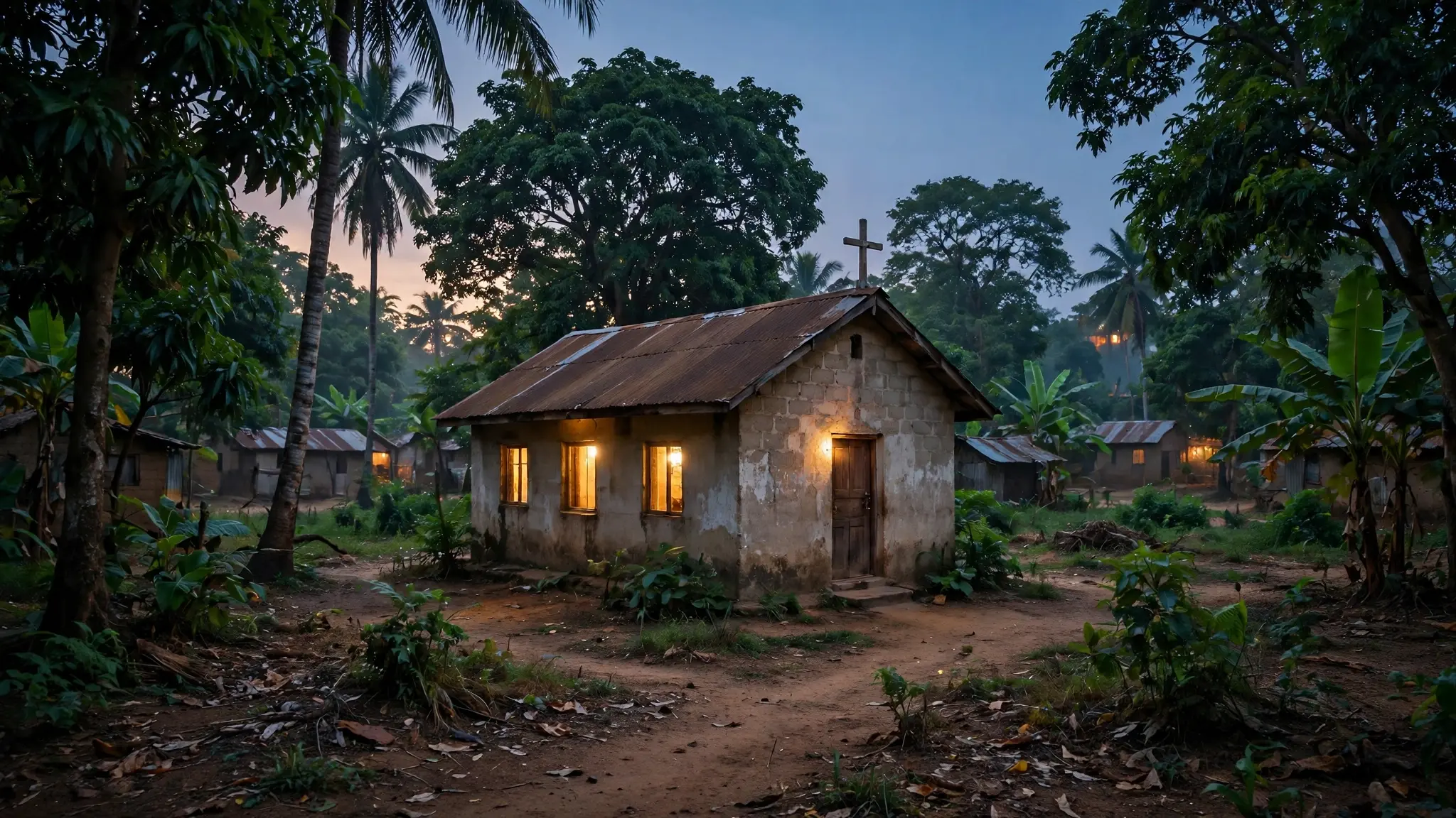 A quiet Nigerian village at dusk with a small church building among trees