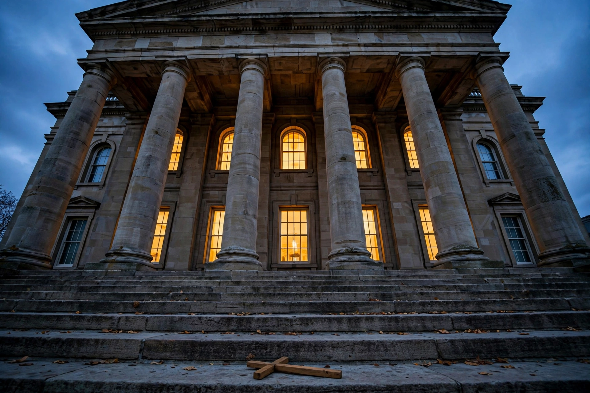 Grand courthouse columns at dusk with warm light in the windows, a small wooden cross resting on the stone steps in the foreground