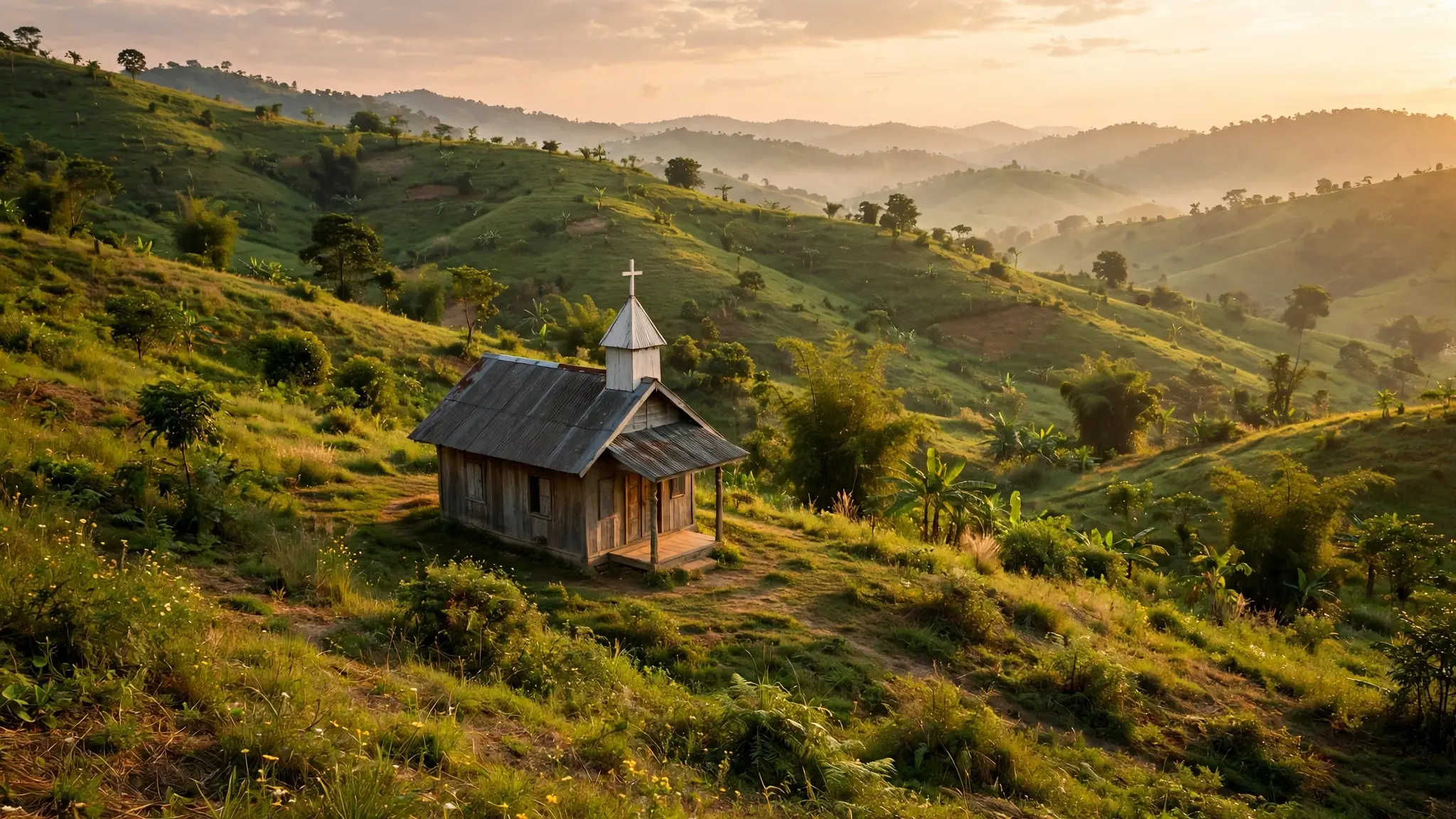 A small church building standing among hills in Myanmar's Chin State