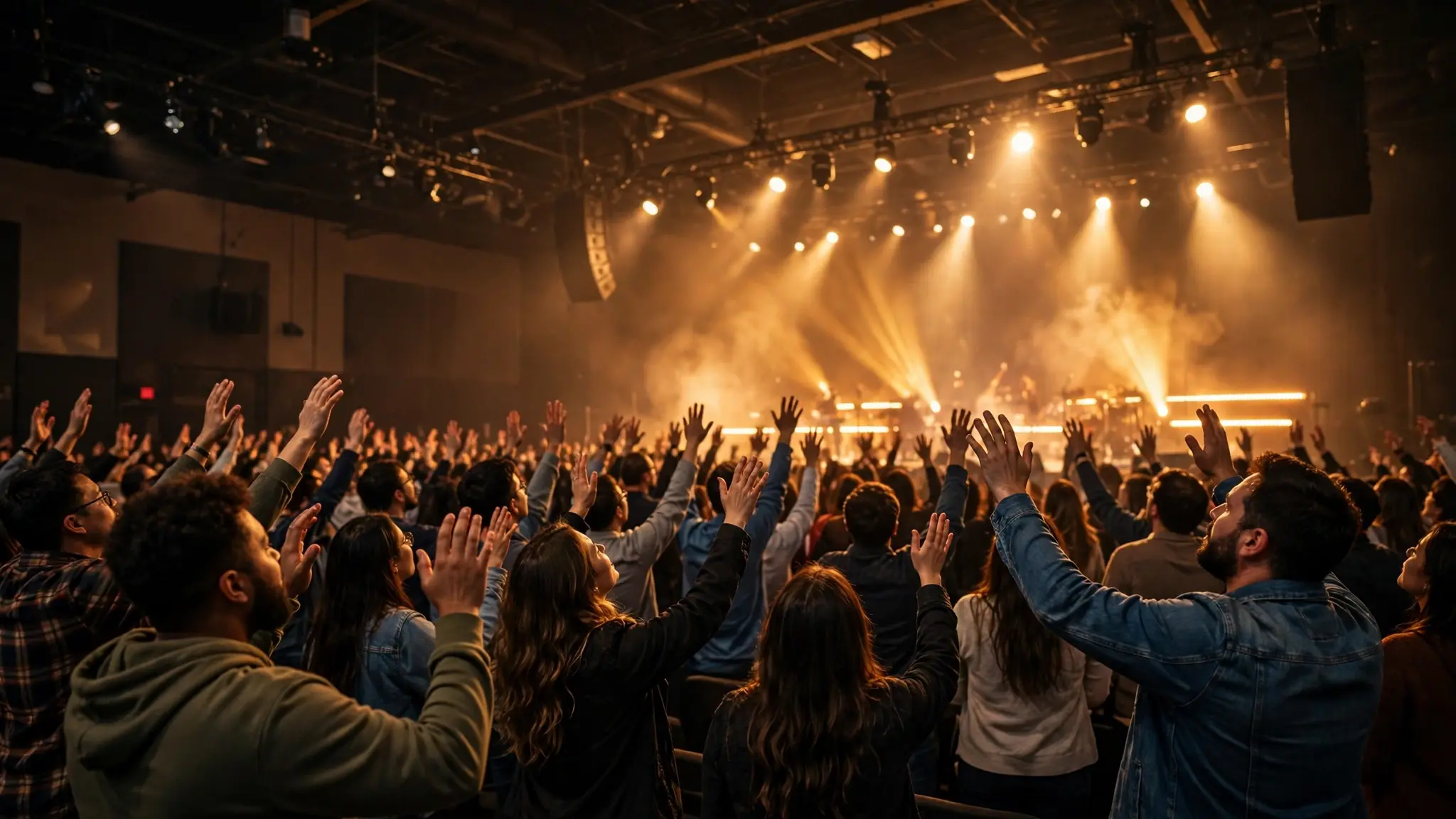 A worship concert crowd with raised hands under warm stage lights