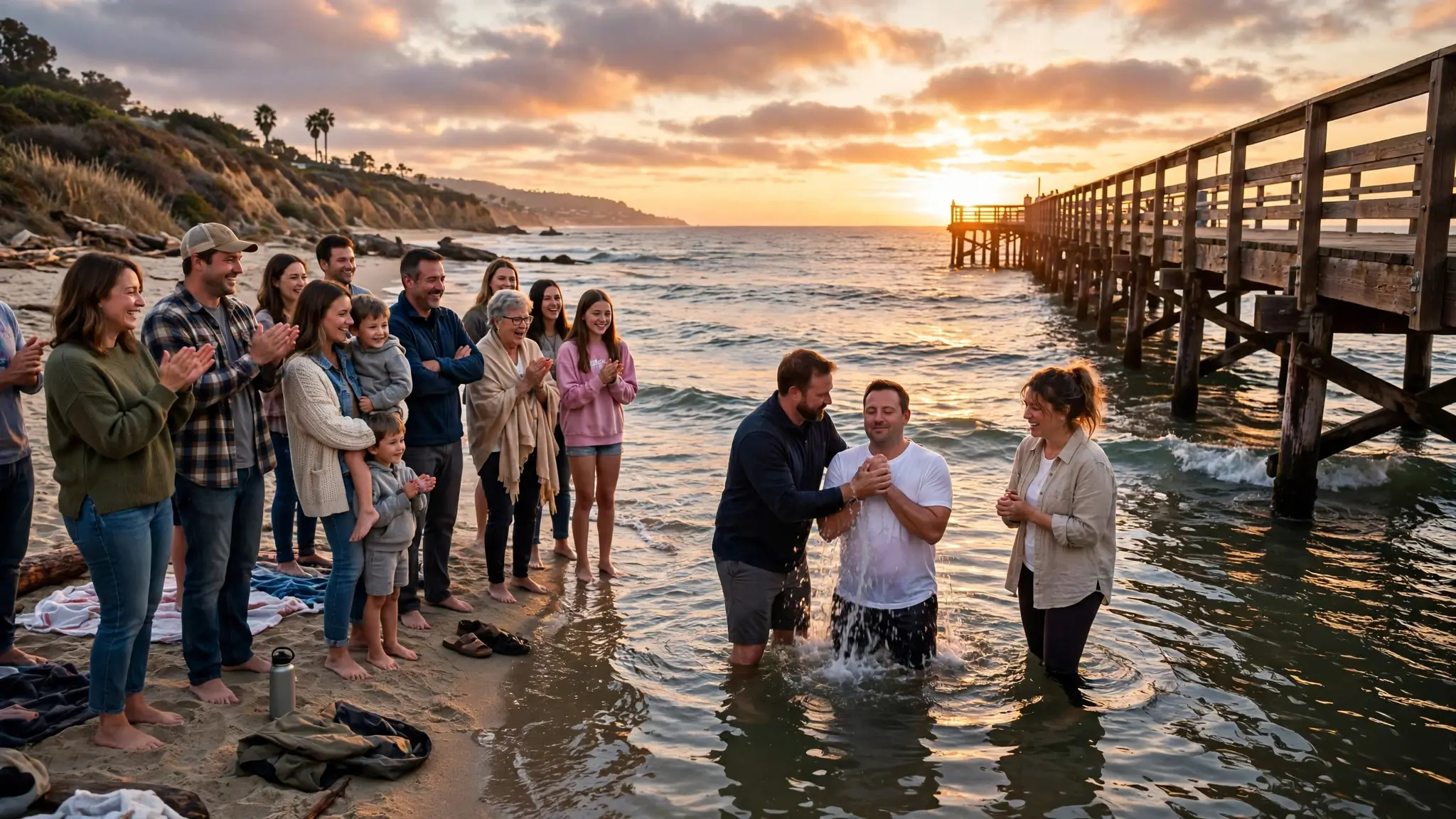 People being baptized in the ocean at sunset beside a pier in California