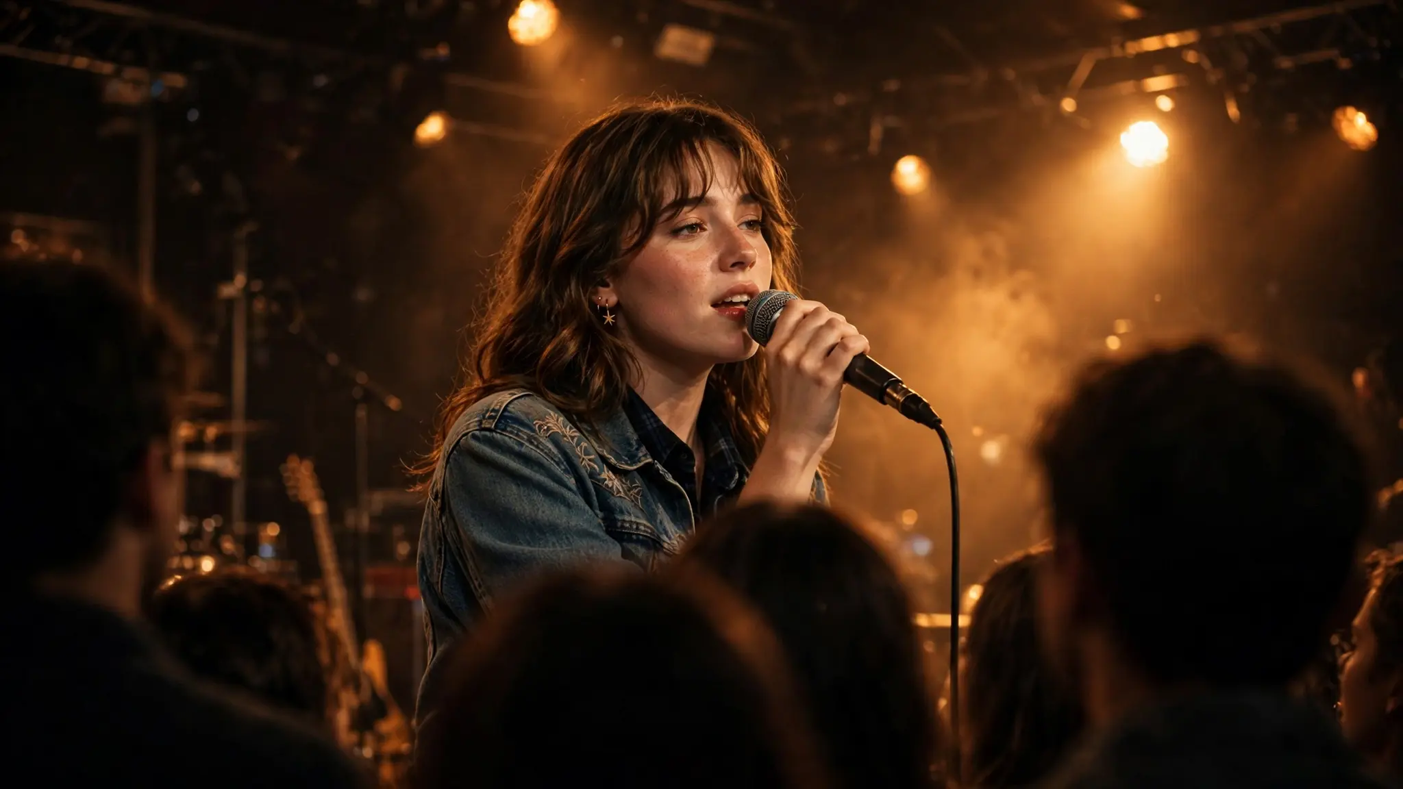 A young female singer on stage holding a microphone under warm lights