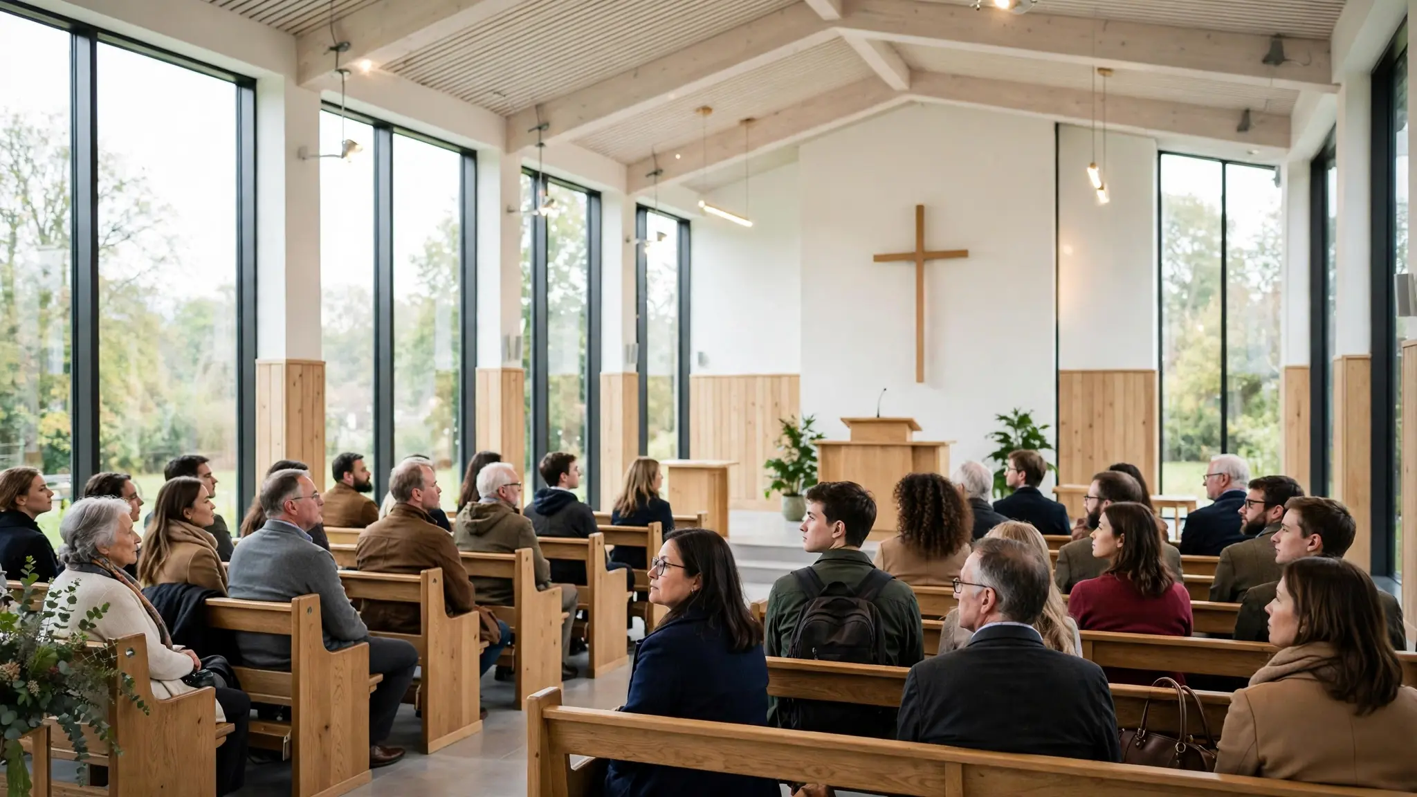 A church congregation listening inside a bright modern church in the UK