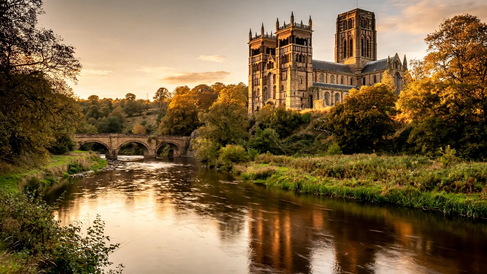 A historic church and stone bridge in Durham in northern England