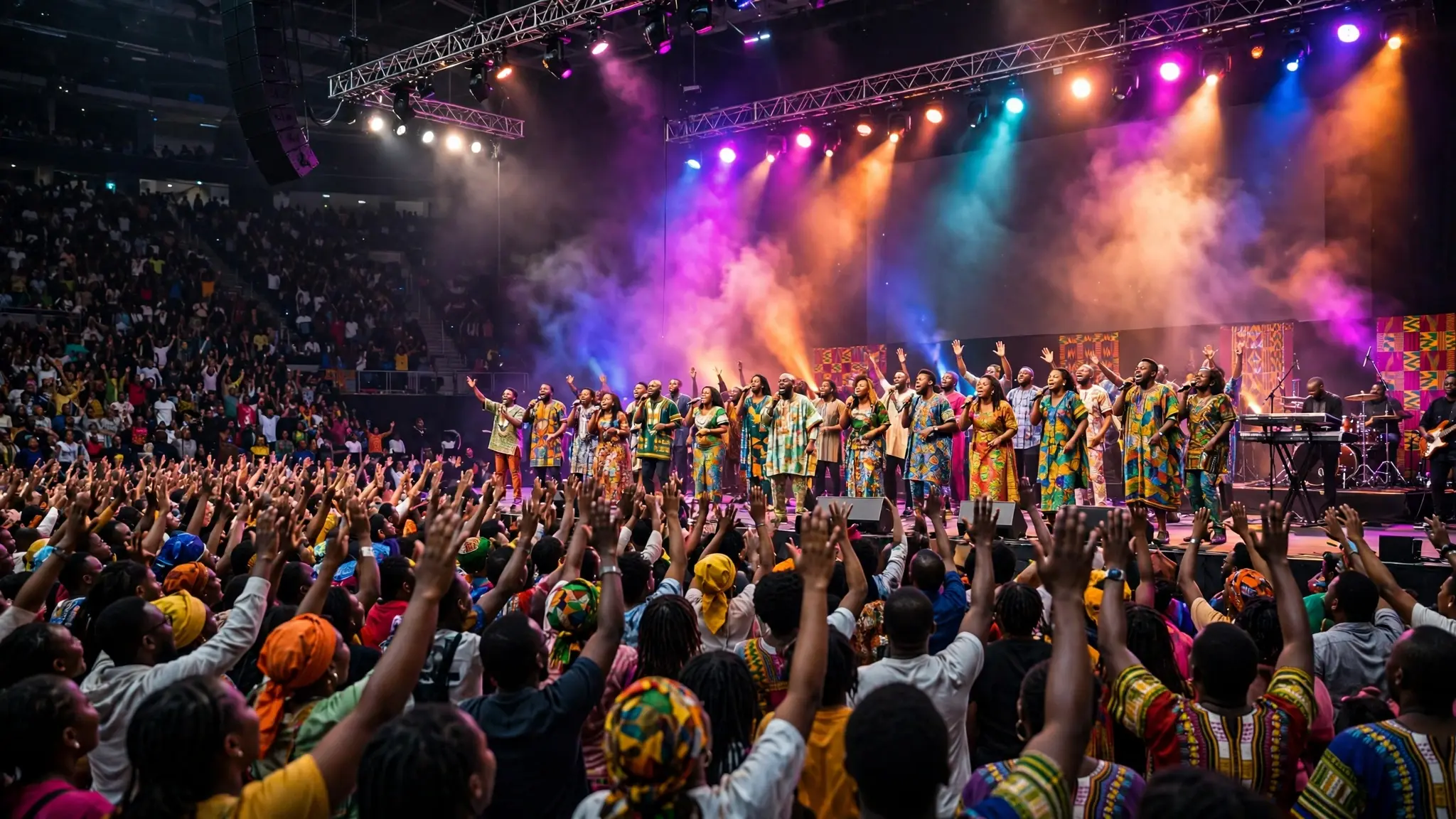 A large gospel concert arena filled with singers and a joyful crowd
