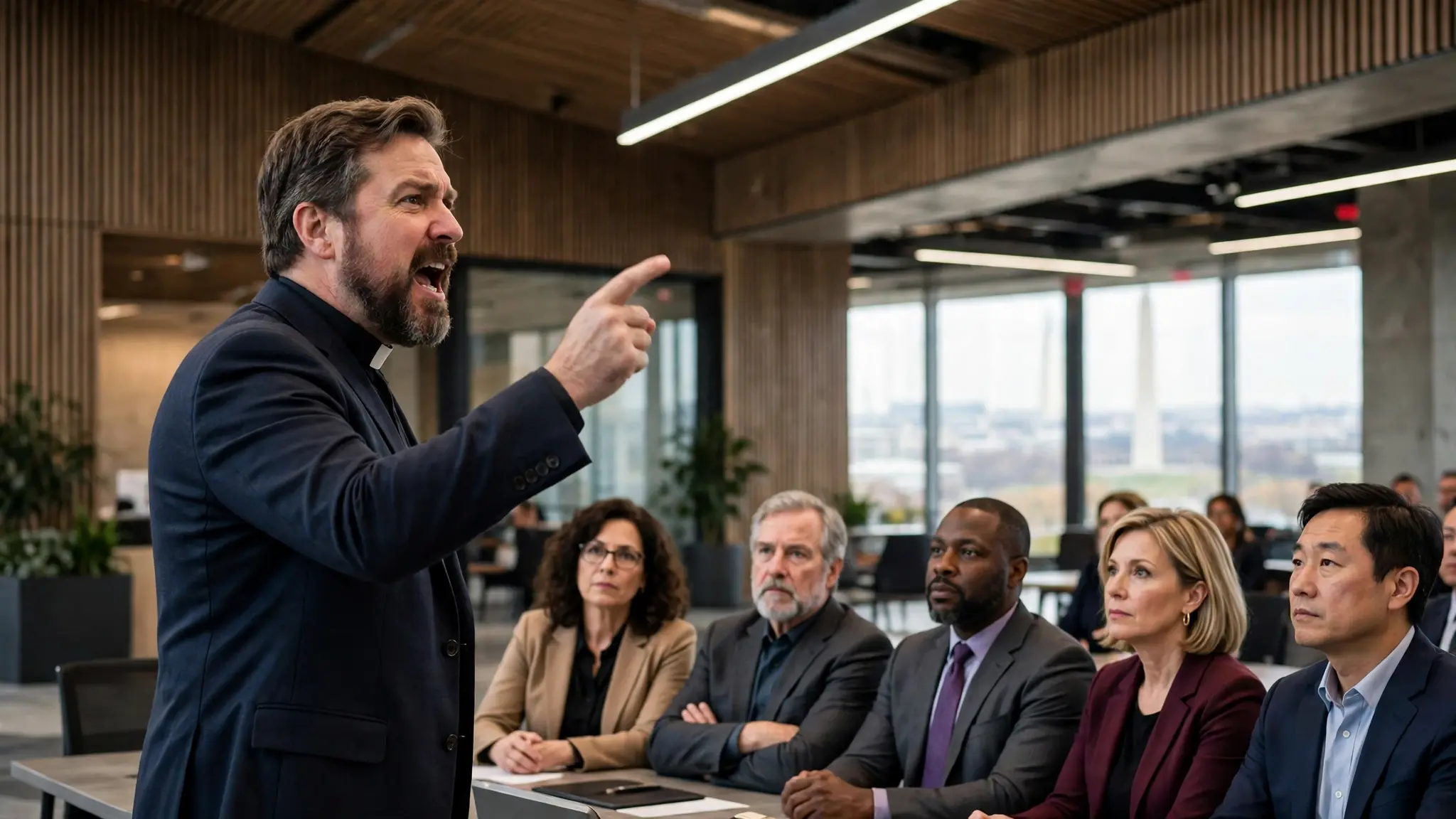 A pastor speaking to church leaders inside a large hall in Washington DC